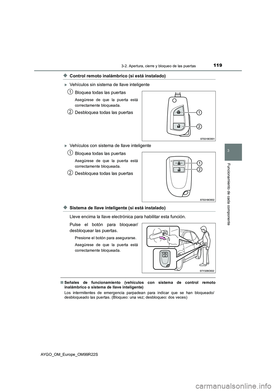 TOYOTA AYGO 2019  Manuale de Empleo (in Spanish) 1193-2. Apertura, cierre y bloqueo de las puertas
3
Funcionamiento de cada componente
AYGO_OM_Europe_OM99R22S
◆Control remoto inalámbrico (si está instalado)
Vehículos sin sistema de llave int