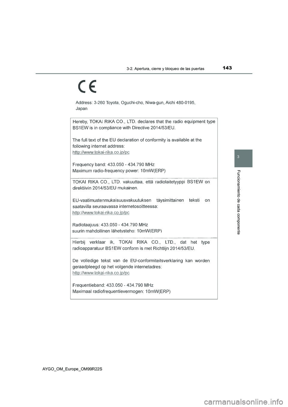 TOYOTA AYGO 2019 Manuale de Empleo (in Spanish) 1433-2. Apertura, cierre y bloqueo de las puertas
3
Funcionamiento de cada componente
AYGO_OM_Europe_OM99R22S TOYOTA AYGO 2019 Manuale de Empleo (in Spanish) 1433-2. Apertura, cierre y bloqueo de las puertas
3
Funcionamiento de cada componente
AYGO_OM_Europe_OM99R22S