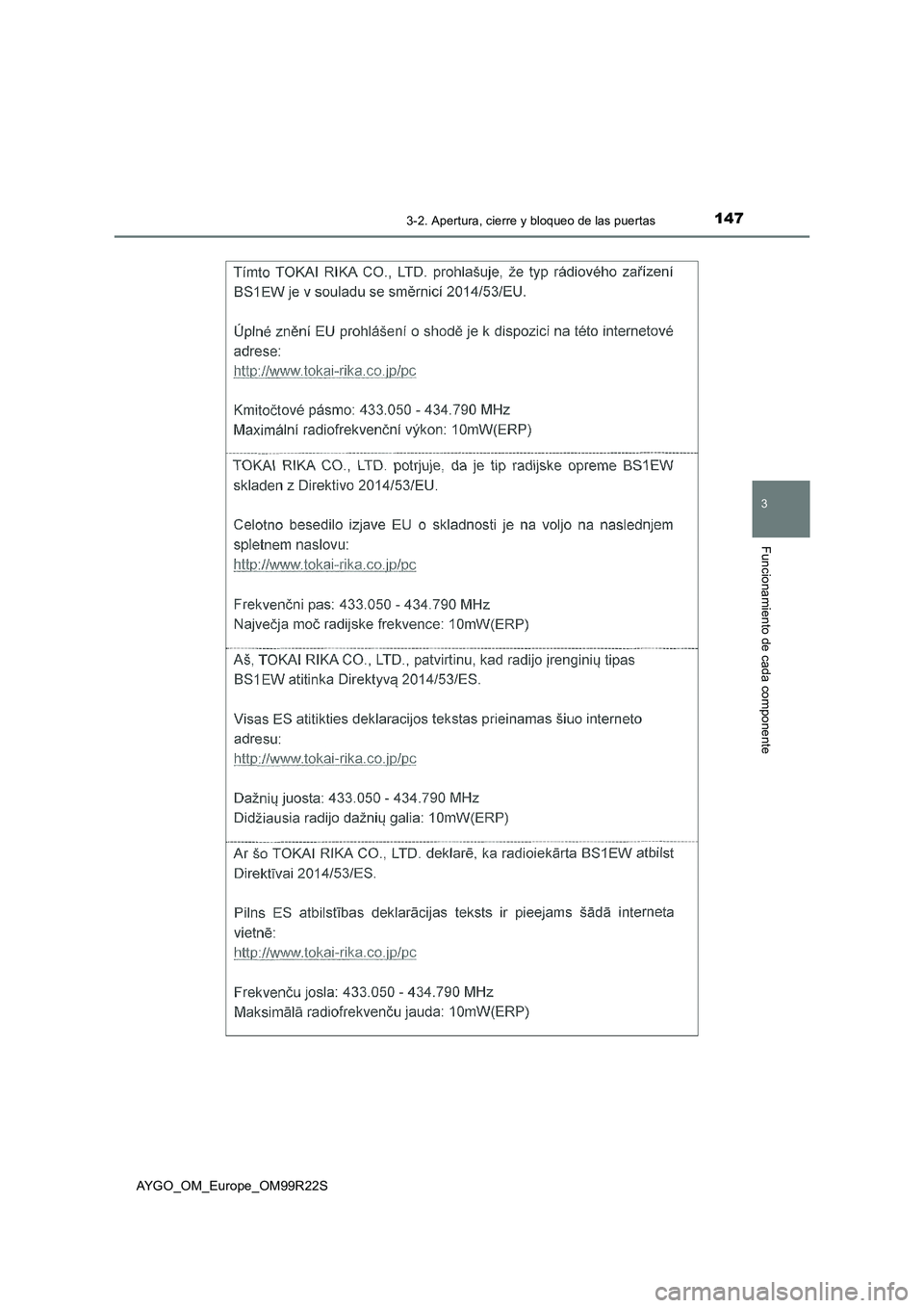 TOYOTA AYGO 2019 Manuale de Empleo (in Spanish) 1473-2. Apertura, cierre y bloqueo de las puertas
3
Funcionamiento de cada componente
AYGO_OM_Europe_OM99R22S TOYOTA AYGO 2019 Manuale de Empleo (in Spanish) 1473-2. Apertura, cierre y bloqueo de las puertas
3
Funcionamiento de cada componente
AYGO_OM_Europe_OM99R22S