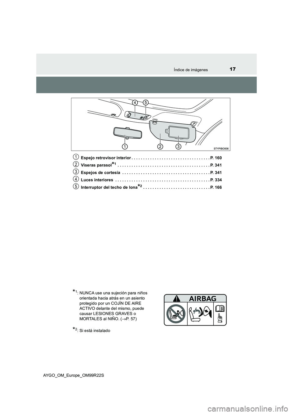 TOYOTA AYGO 2019 Manuale de Empleo (in Spanish) 17Índice de imágenes
AYGO_OM_Europe_OM99R22S
Espejo retrovisor interior . . . . . . . . . . . . . . . . . . . . . . . . . . . . . . . . . . P. 160
Viseras parasol*1 . . . . . . . . . . . . . . . . TOYOTA AYGO 2019 Manuale de Empleo (in Spanish) 17Índice de imágenes
AYGO_OM_Europe_OM99R22S
Espejo retrovisor interior . . . . . . . . . . . . . . . . . . . . . . . . . . . . . . . . . . P. 160
Viseras parasol*1 . . . . . . . . . . . . . . . .