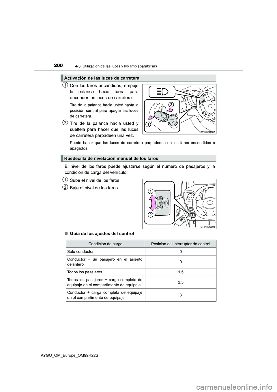 TOYOTA AYGO 2019  Manuale de Empleo (in Spanish) 2004-3. Utilización de las luces y los limpiaparabrisas
AYGO_OM_Europe_OM99R22S
Con los faros encendidos, empuje 
la palanca hacia fuera para
encender las luces de carretera. 
Tire de la palanca haci