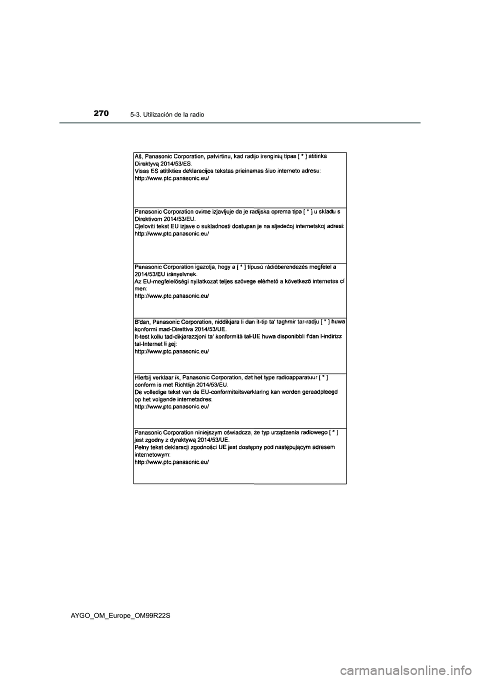 TOYOTA AYGO 2019  Manuale de Empleo (in Spanish) 2705-3. Utilización de la radio
AYGO_OM_Europe_OM99R22S 