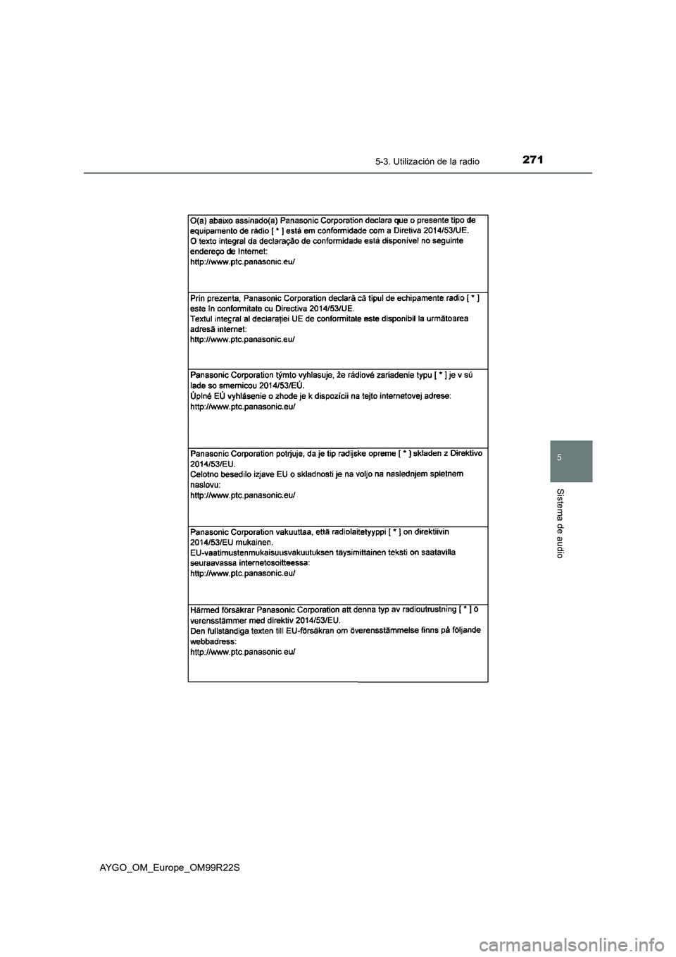 TOYOTA AYGO 2019  Manuale de Empleo (in Spanish) 2715-3. Utilización de la radio
5
Sistema de audio
AYGO_OM_Europe_OM99R22S 