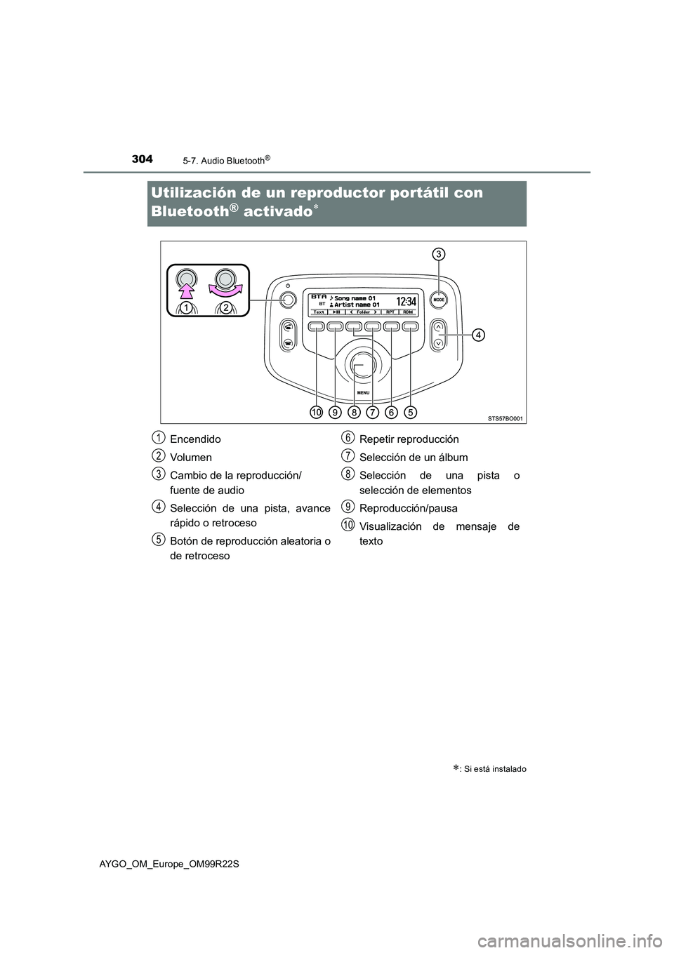 TOYOTA AYGO 2019 Manuale de Empleo (in Spanish) 3045-7. Audio Bluetooth®
AYGO_OM_Europe_OM99R22S
Utilización de un reproductor portátil con
Bluetooth® activado
: Si está instalado
Encendido
Volumen
Cambio de la reproducción/
fuente TOYOTA AYGO 2019 Manuale de Empleo (in Spanish) 3045-7. Audio Bluetooth®
AYGO_OM_Europe_OM99R22S
Utilización de un reproductor portátil con
Bluetooth® activado
: Si está instalado
Encendido
Volumen
Cambio de la reproducción/
fuente