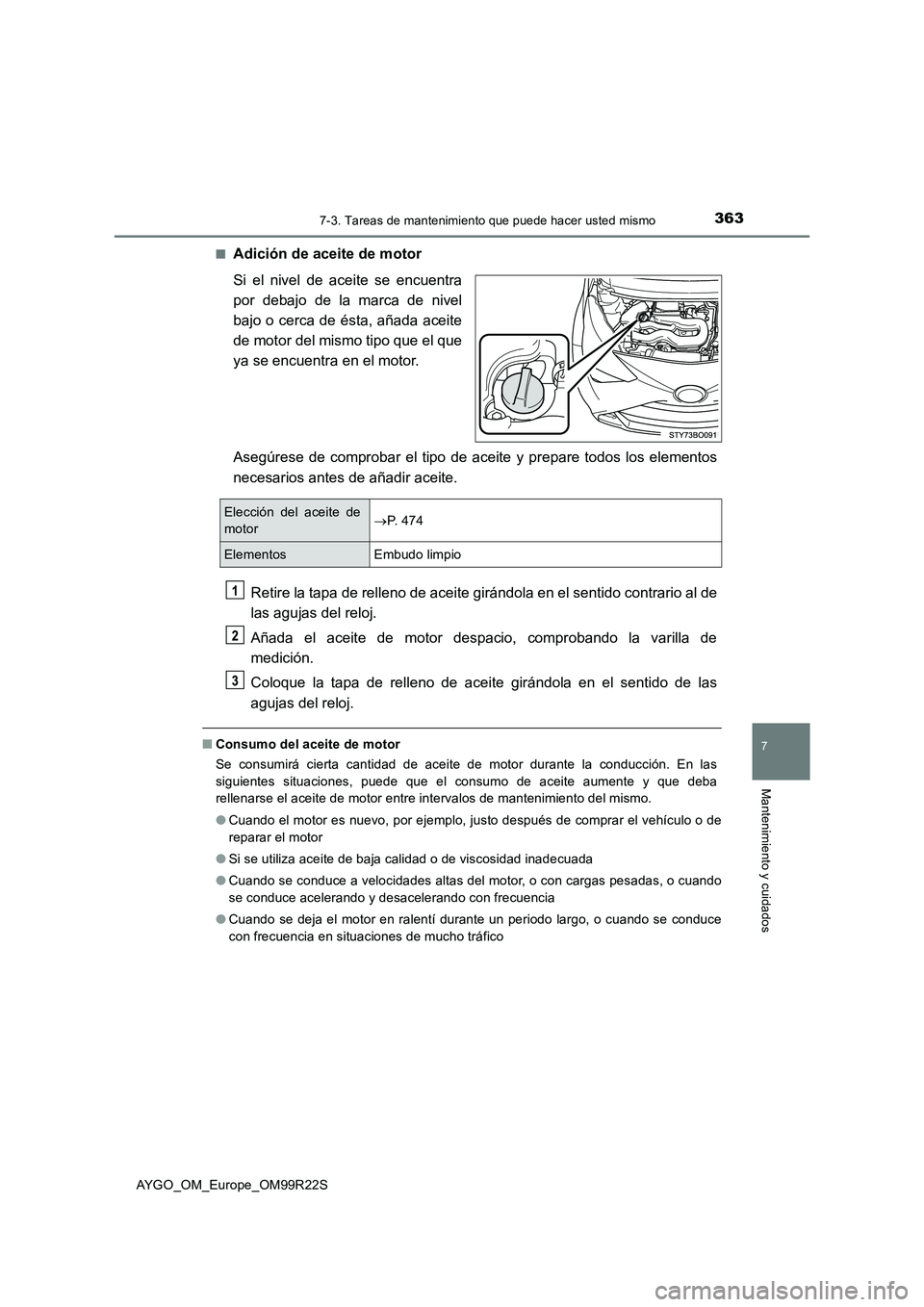 TOYOTA AYGO 2019  Manuale de Empleo (in Spanish) 3637-3. Tareas de mantenimiento que puede hacer usted mismo
7
Mantenimiento y cuidados
AYGO_OM_Europe_OM99R22S 
■Adición de aceite de motor 
Si el nivel de aceite se encuentra 
por debajo de la mar