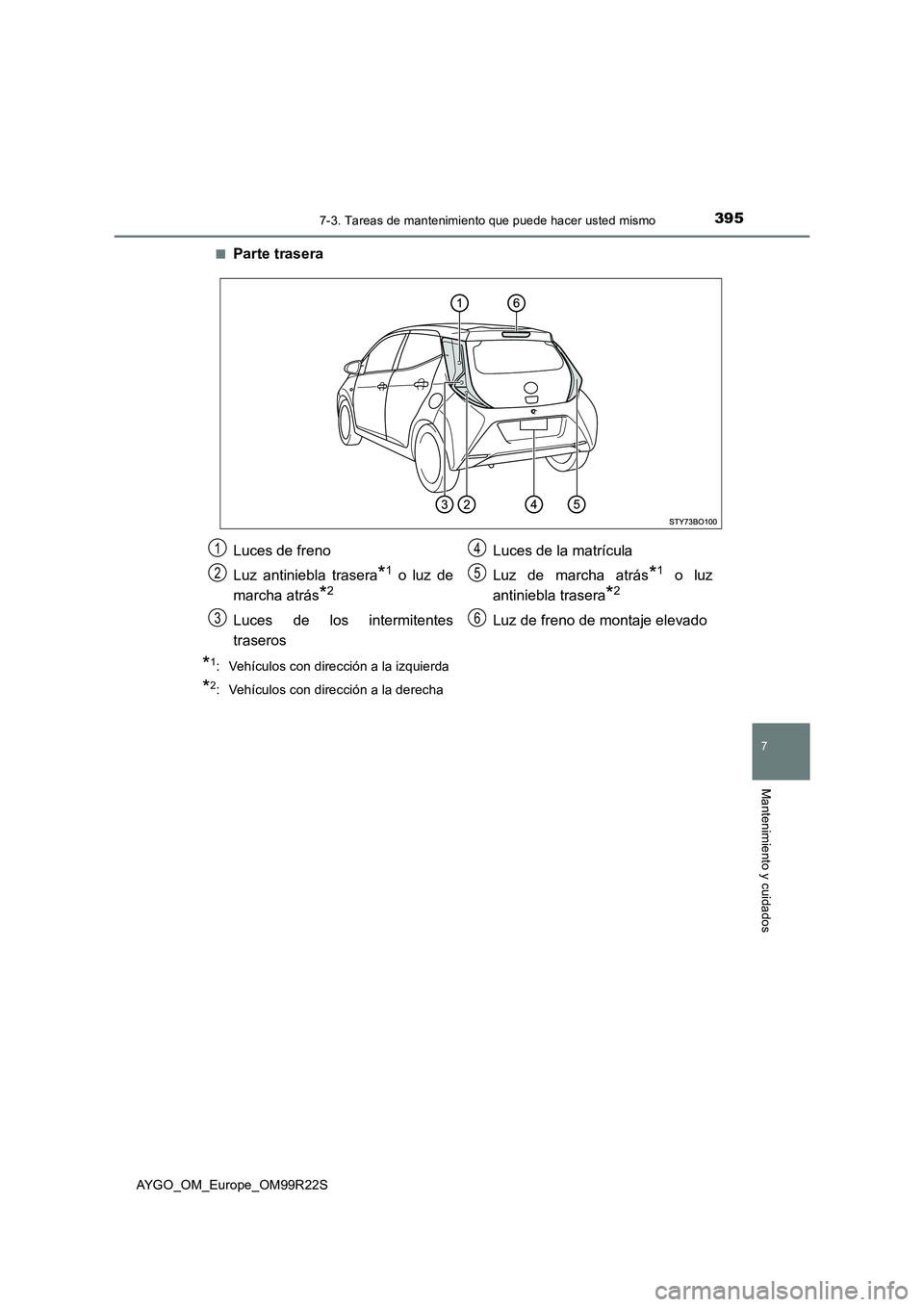 TOYOTA AYGO 2019  Manuale de Empleo (in Spanish) 3957-3. Tareas de mantenimiento que puede hacer usted mismo
7
Mantenimiento y cuidados
AYGO_OM_Europe_OM99R22S 
■Parte trasera
*1: Vehículos con dirección a la izquierda
*2: Vehículos con direcci
