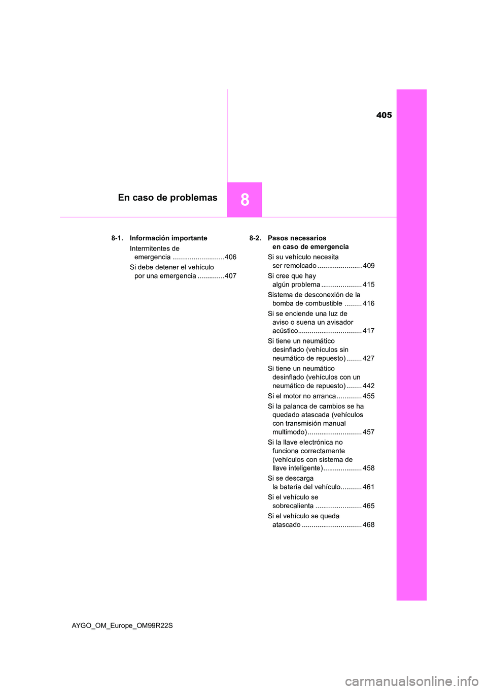 TOYOTA AYGO 2019  Manuale de Empleo (in Spanish) 405
8En caso de problemas
AYGO_OM_Europe_OM99R22S 
8-1. Información importante 
Intermitentes de  
emergencia ...........................406 
Si debe detener el vehículo  
por una emergencia .......
