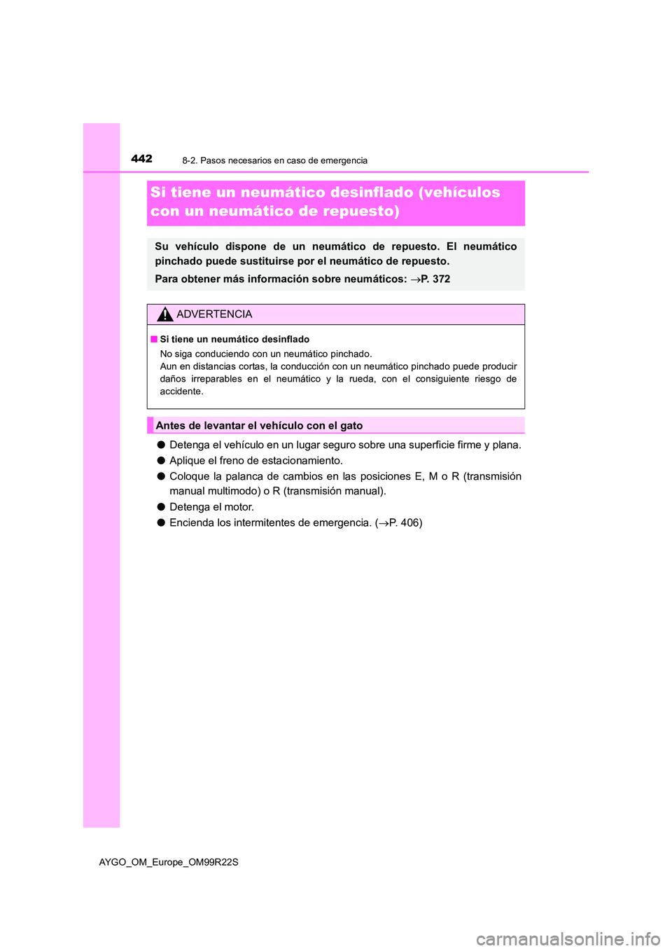 TOYOTA AYGO 2019  Manuale de Empleo (in Spanish) 4428-2. Pasos necesarios en caso de emergencia
AYGO_OM_Europe_OM99R22S
Si tiene un neumático desinflado (vehículos  
con un neumático de repuesto)
● Detenga el vehículo en un lugar seguro sobre 