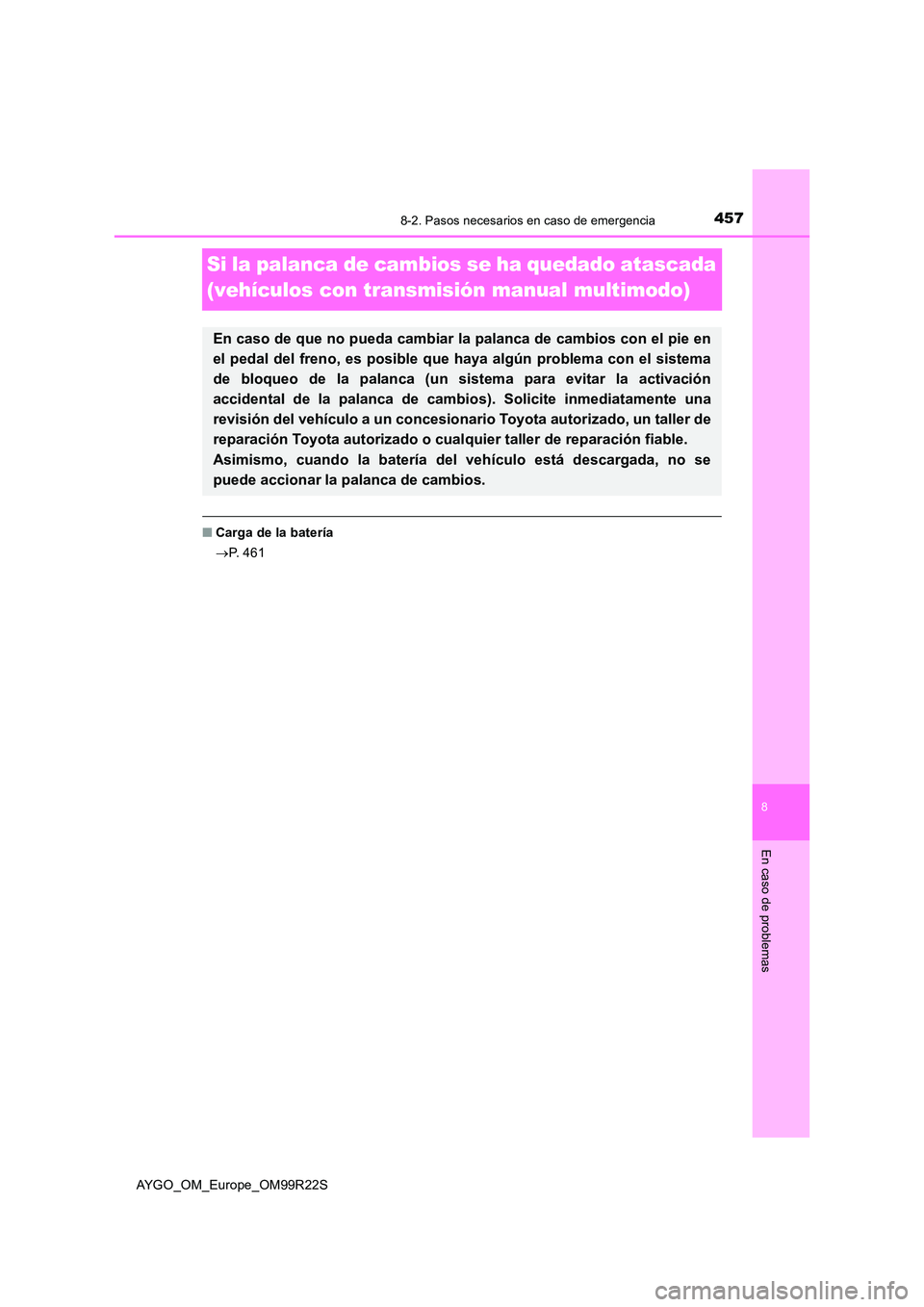 TOYOTA AYGO 2019 Manuale de Empleo (in Spanish) 4578-2. Pasos necesarios en caso de emergencia
8
En caso de problemas
AYGO_OM_Europe_OM99R22S
Si la palanca de cambios se ha quedado atascada
(vehículos con transmisión manual multimodo)
■ Carga TOYOTA AYGO 2019 Manuale de Empleo (in Spanish) 4578-2. Pasos necesarios en caso de emergencia
8
En caso de problemas
AYGO_OM_Europe_OM99R22S
Si la palanca de cambios se ha quedado atascada
(vehículos con transmisión manual multimodo)
■ Carga