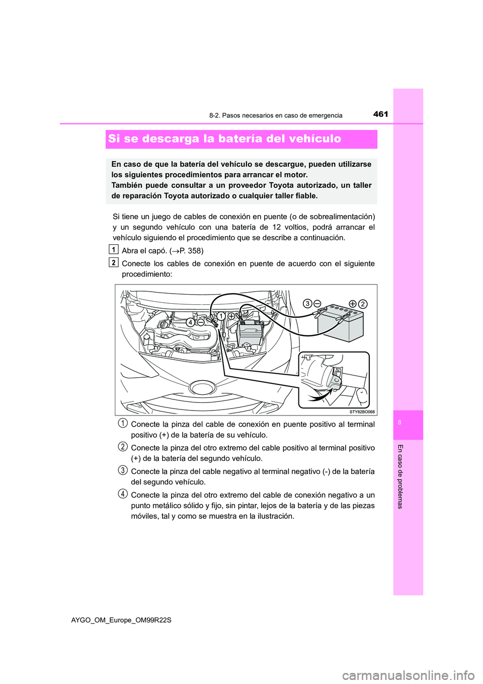 TOYOTA AYGO 2019 Manuale de Empleo (in Spanish) 4618-2. Pasos necesarios en caso de emergencia
8
En caso de problemas
AYGO_OM_Europe_OM99R22S
Si se descarga la batería del vehículo
Si tiene un juego de cables de conexión en puente (o de sobreali TOYOTA AYGO 2019 Manuale de Empleo (in Spanish) 4618-2. Pasos necesarios en caso de emergencia
8
En caso de problemas
AYGO_OM_Europe_OM99R22S
Si se descarga la batería del vehículo
Si tiene un juego de cables de conexión en puente (o de sobreali