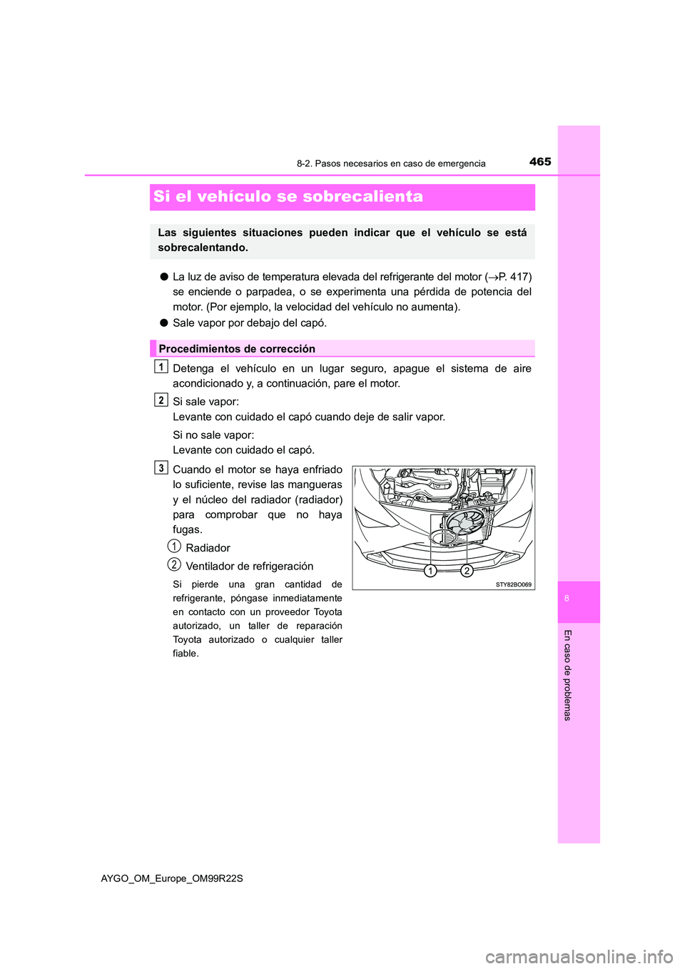 TOYOTA AYGO 2019 Manuale de Empleo (in Spanish) 4658-2. Pasos necesarios en caso de emergencia
8
En caso de problemas
AYGO_OM_Europe_OM99R22S
Si el vehículo se sobrecalienta
●La luz de aviso de temperatura elevada del refrigerante del motor ( TOYOTA AYGO 2019 Manuale de Empleo (in Spanish) 4658-2. Pasos necesarios en caso de emergencia
8
En caso de problemas
AYGO_OM_Europe_OM99R22S
Si el vehículo se sobrecalienta
●La luz de aviso de temperatura elevada del refrigerante del motor (