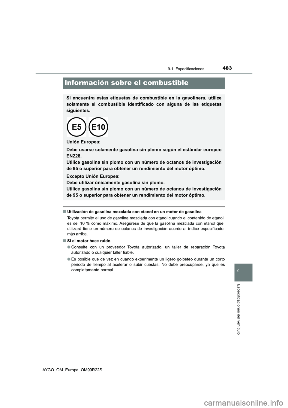 TOYOTA AYGO 2019 Manuale de Empleo (in Spanish) 4839-1. Especificaciones
9
Especificaciones del vehículo
AYGO_OM_Europe_OM99R22S
Información sobre el combustible
■Utilización de gasolina mezclada con etanol en un motor de gasolina
Toyota perm TOYOTA AYGO 2019 Manuale de Empleo (in Spanish) 4839-1. Especificaciones
9
Especificaciones del vehículo
AYGO_OM_Europe_OM99R22S
Información sobre el combustible
■Utilización de gasolina mezclada con etanol en un motor de gasolina
Toyota perm