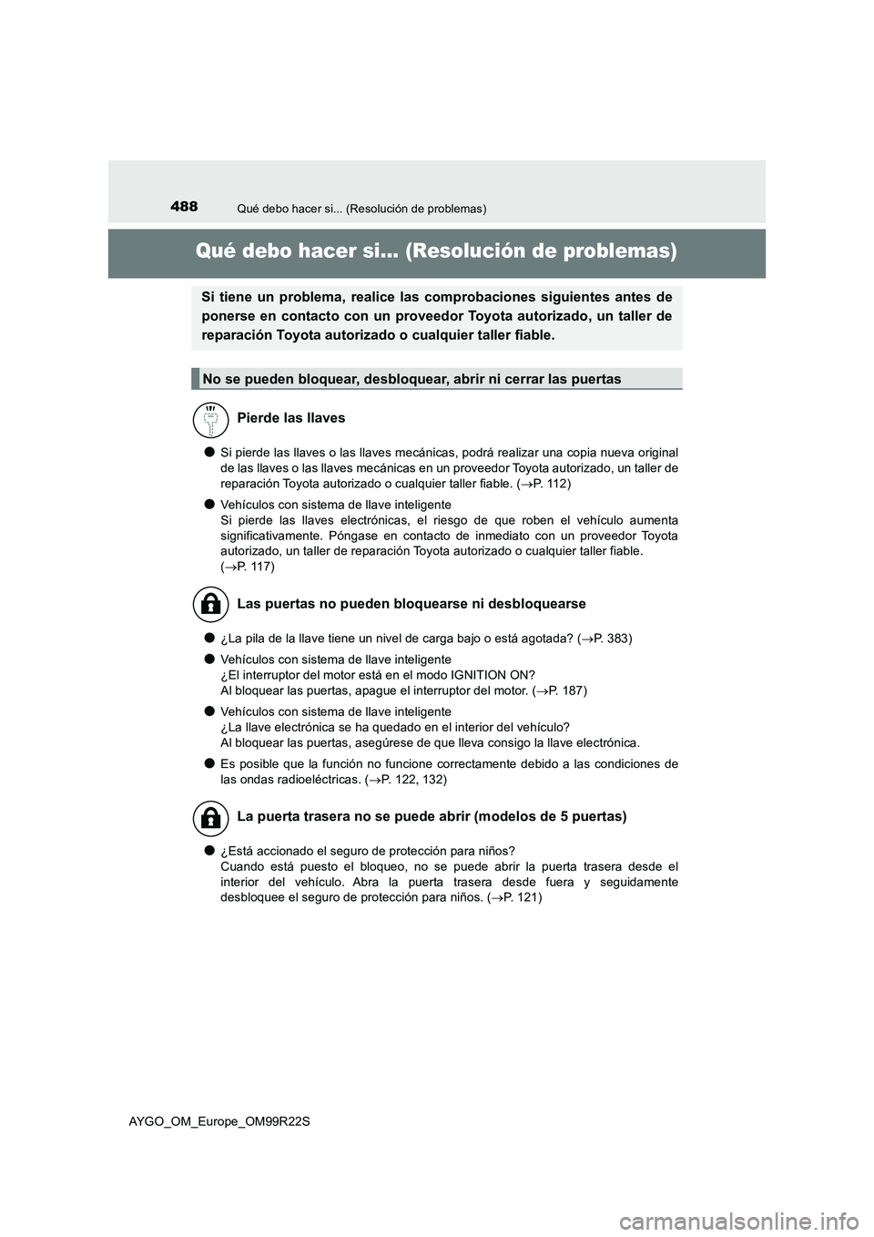TOYOTA AYGO 2019 Manuale de Empleo (in Spanish) 488Qué debo hacer si... (Resolución de problemas)
AYGO_OM_Europe_OM99R22S
Qué debo hacer si... (Resolución de problemas)
●Si pierde las llaves o las llaves mecánicas, podrá realizar una copia TOYOTA AYGO 2019 Manuale de Empleo (in Spanish) 488Qué debo hacer si... (Resolución de problemas)
AYGO_OM_Europe_OM99R22S
Qué debo hacer si... (Resolución de problemas)
●Si pierde las llaves o las llaves mecánicas, podrá realizar una copia