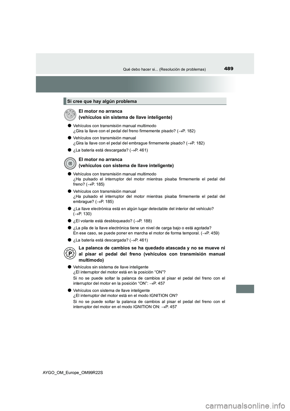 TOYOTA AYGO 2019 Manuale de Empleo (in Spanish) 489Qué debo hacer si... (Resolución de problemas)
AYGO_OM_Europe_OM99R22S
●Vehículos con transmisión manual multimodo
¿Gira la llave con el pedal del freno firmemente pisado? ( P. 182)
●V TOYOTA AYGO 2019 Manuale de Empleo (in Spanish) 489Qué debo hacer si... (Resolución de problemas)
AYGO_OM_Europe_OM99R22S
●Vehículos con transmisión manual multimodo
¿Gira la llave con el pedal del freno firmemente pisado? ( P. 182)
●V