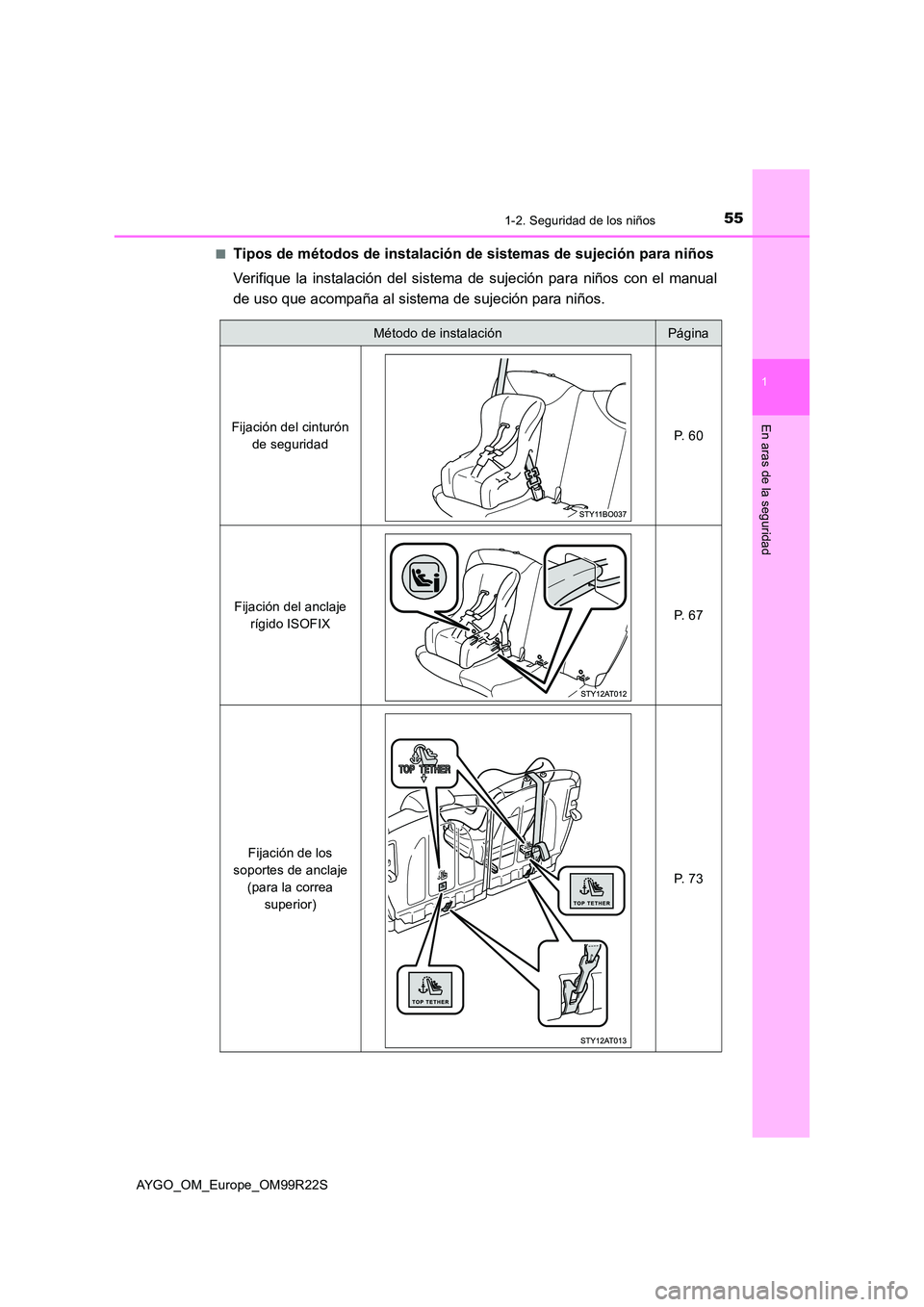 TOYOTA AYGO 2019 Manuale de Empleo (in Spanish) 551-2. Seguridad de los niños
1
En aras de la seguridad
AYGO_OM_Europe_OM99R22S
■Tipos de métodos de instalación de sistemas de sujeción para niños
Verifique la instalación del sistem a de s TOYOTA AYGO 2019 Manuale de Empleo (in Spanish) 551-2. Seguridad de los niños
1
En aras de la seguridad
AYGO_OM_Europe_OM99R22S
■Tipos de métodos de instalación de sistemas de sujeción para niños
Verifique la instalación del sistem a de s