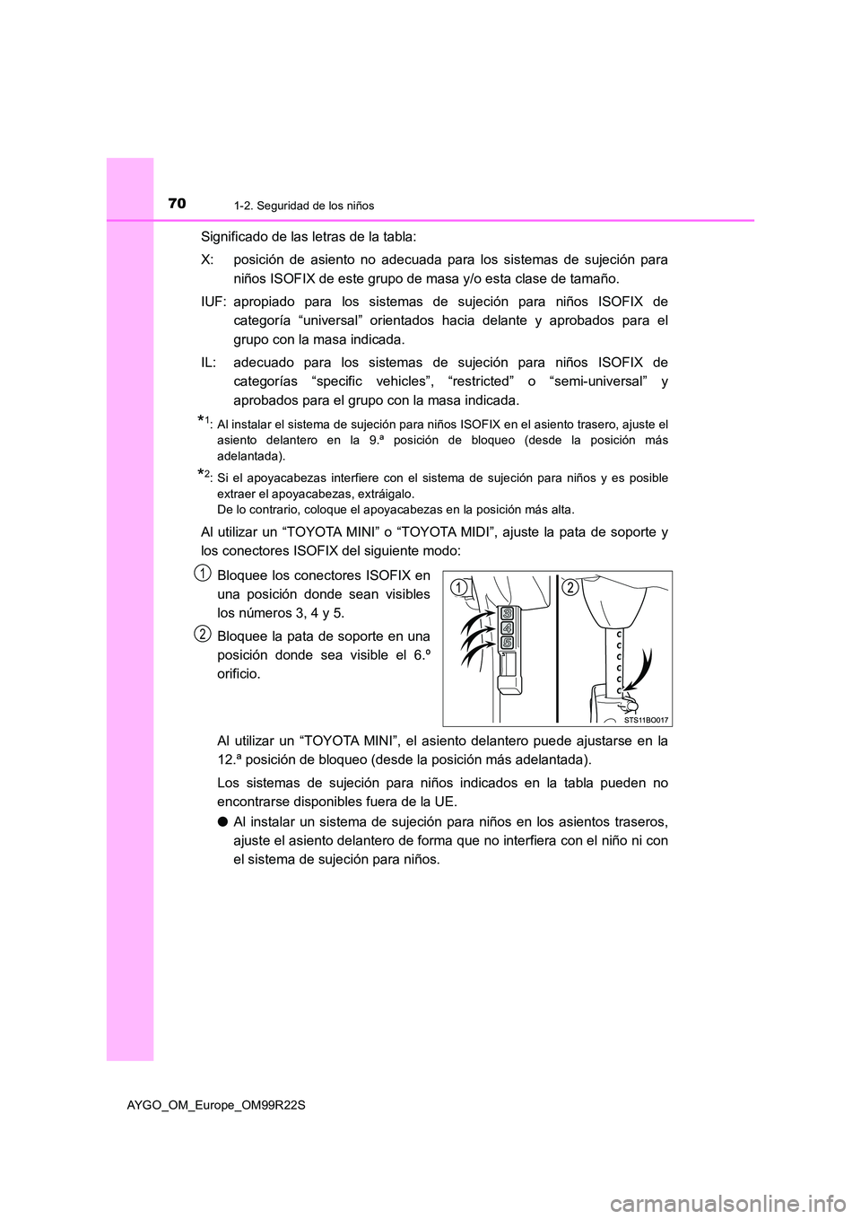 TOYOTA AYGO 2019 Manuale de Empleo (in Spanish) 701-2. Seguridad de los niños
AYGO_OM_Europe_OM99R22S
Significado de las letras de la tabla:
X: posición de asiento no adecuada para los sistemas de sujeción para
niños ISOFIX de este grupo de m TOYOTA AYGO 2019 Manuale de Empleo (in Spanish) 701-2. Seguridad de los niños
AYGO_OM_Europe_OM99R22S
Significado de las letras de la tabla:
X: posición de asiento no adecuada para los sistemas de sujeción para
niños ISOFIX de este grupo de m