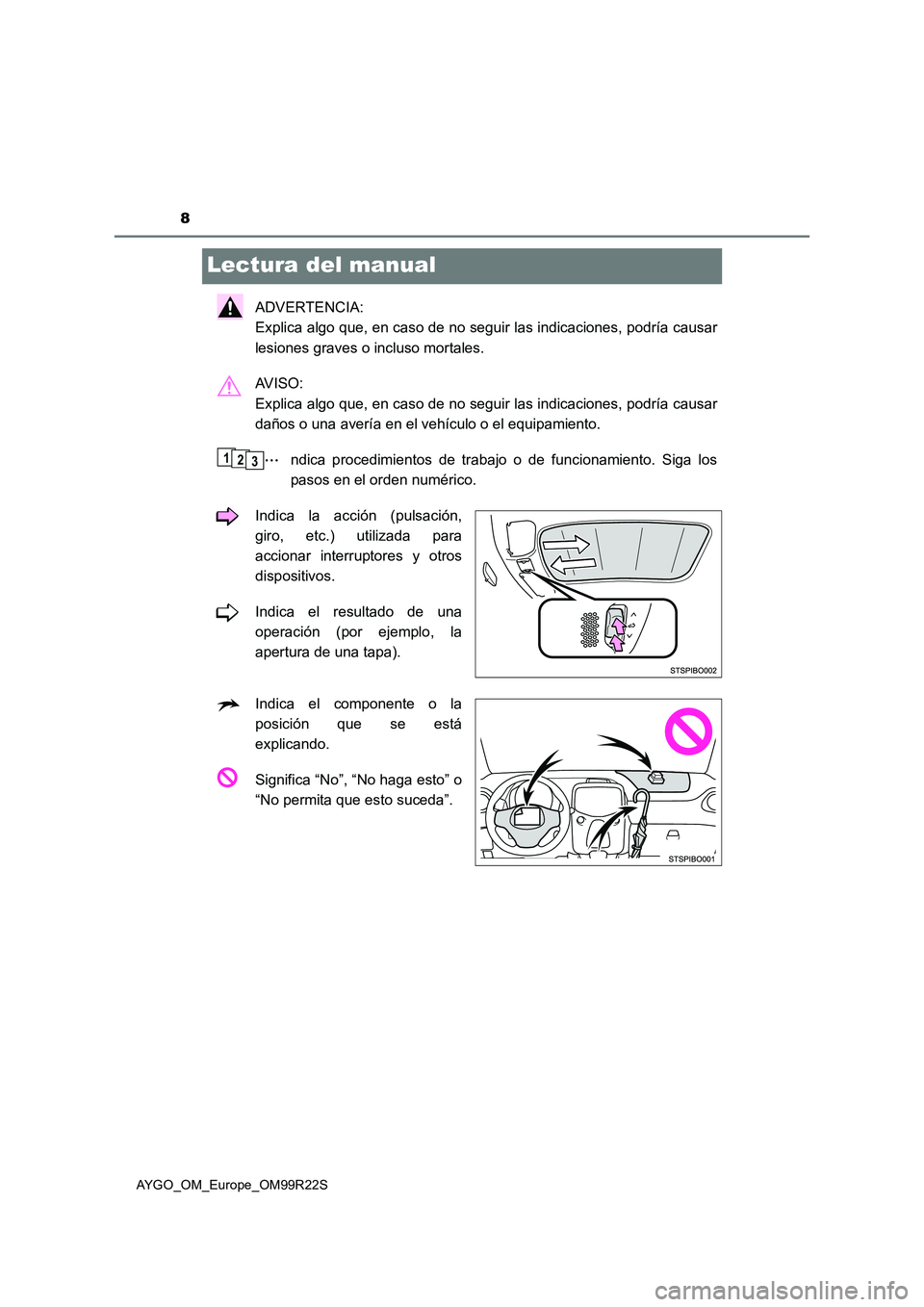 TOYOTA AYGO 2019  Manuale de Empleo (in Spanish) 8
AYGO_OM_Europe_OM99R22S
Lectura del manual
ADVERTENCIA:  
Explica algo que, en caso de no seguir las indicaciones, podría causar 
lesiones graves o incluso mortales. 
AV I S O :   
Explica algo que