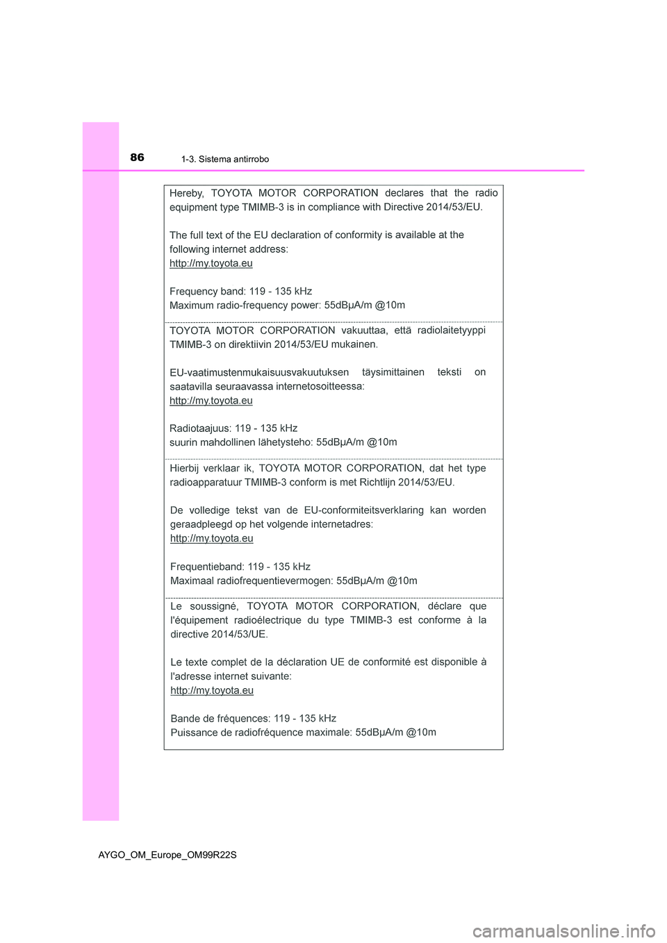 TOYOTA AYGO 2019 Manuale de Empleo (in Spanish) 861-3. Sistema antirrobo
AYGO_OM_Europe_OM99R22S TOYOTA AYGO 2019 Manuale de Empleo (in Spanish) 861-3. Sistema antirrobo
AYGO_OM_Europe_OM99R22S