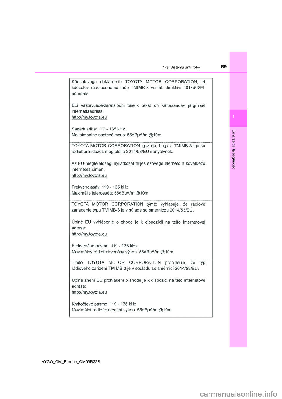 TOYOTA AYGO 2019 Manuale de Empleo (in Spanish) 891-3. Sistema antirrobo
1
En aras de la seguridad
AYGO_OM_Europe_OM99R22S TOYOTA AYGO 2019 Manuale de Empleo (in Spanish) 891-3. Sistema antirrobo
1
En aras de la seguridad
AYGO_OM_Europe_OM99R22S
