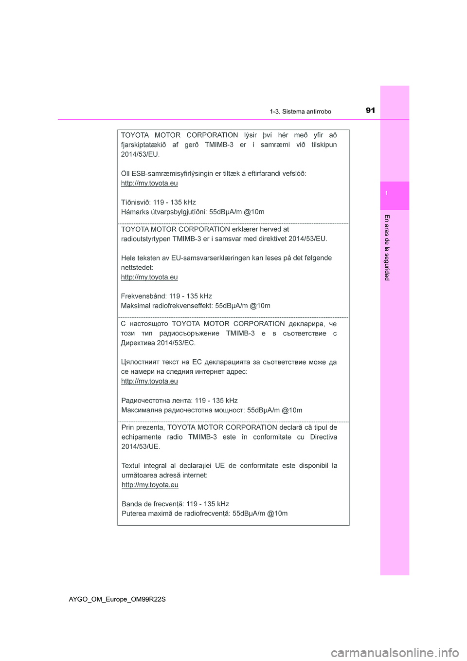 TOYOTA AYGO 2019  Manuale de Empleo (in Spanish) 911-3. Sistema antirrobo
1
En aras de la seguridad
AYGO_OM_Europe_OM99R22S 