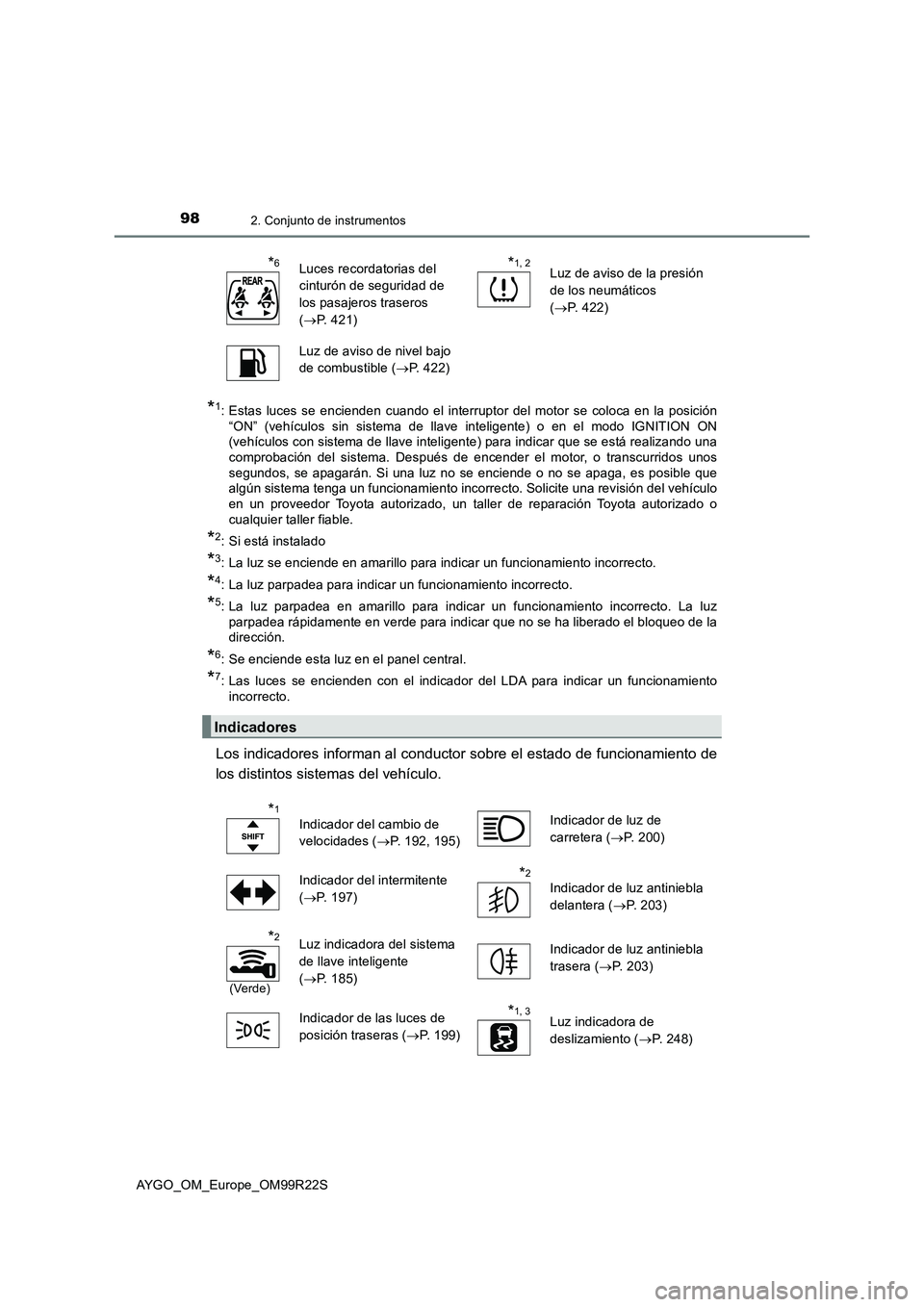 TOYOTA AYGO 2019  Manuale de Empleo (in Spanish) 982. Conjunto de instrumentos
AYGO_OM_Europe_OM99R22S
*1: Estas luces se encienden cuando el interruptor del motor se coloca en la posición 
“ON” (vehículos sin sistema de llave inteligente) o e