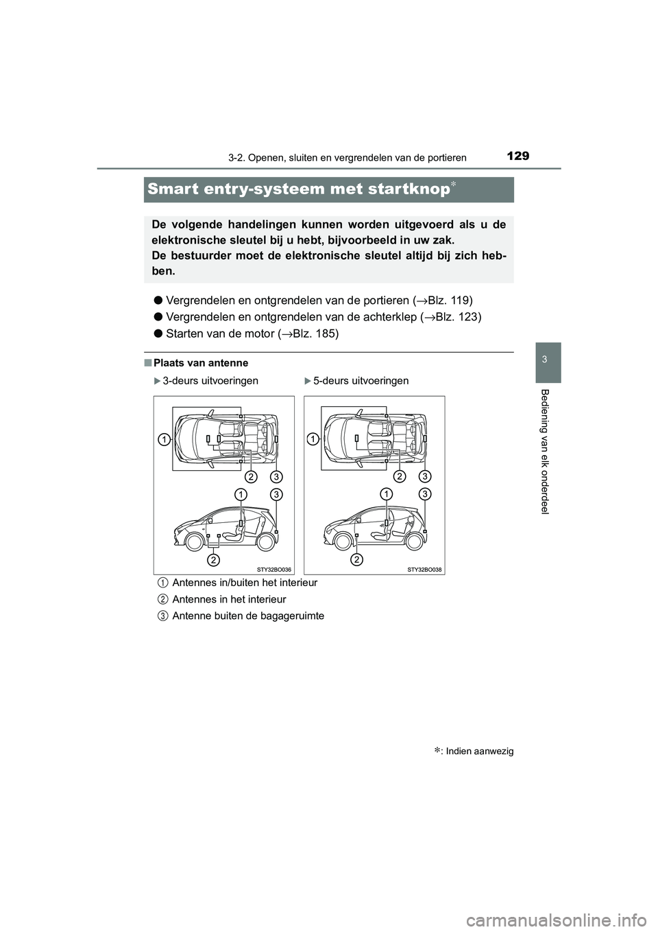 TOYOTA AYGO 2019 Instructieboekje (in Dutch) 129
3
3-2. Openen, sluiten en vergrendelen van de portieren
Bediening van elk onderdeel
AYGO_OM_Europe_OM99R19E
Smart entr y-systeem met startknop∗
●Vergrendelen en ontgrendelen van de portieren ( TOYOTA AYGO 2019 Instructieboekje (in Dutch) 129
3
3-2. Openen, sluiten en vergrendelen van de portieren
Bediening van elk onderdeel
AYGO_OM_Europe_OM99R19E
Smart entr y-systeem met startknop∗
●Vergrendelen en ontgrendelen van de portieren (