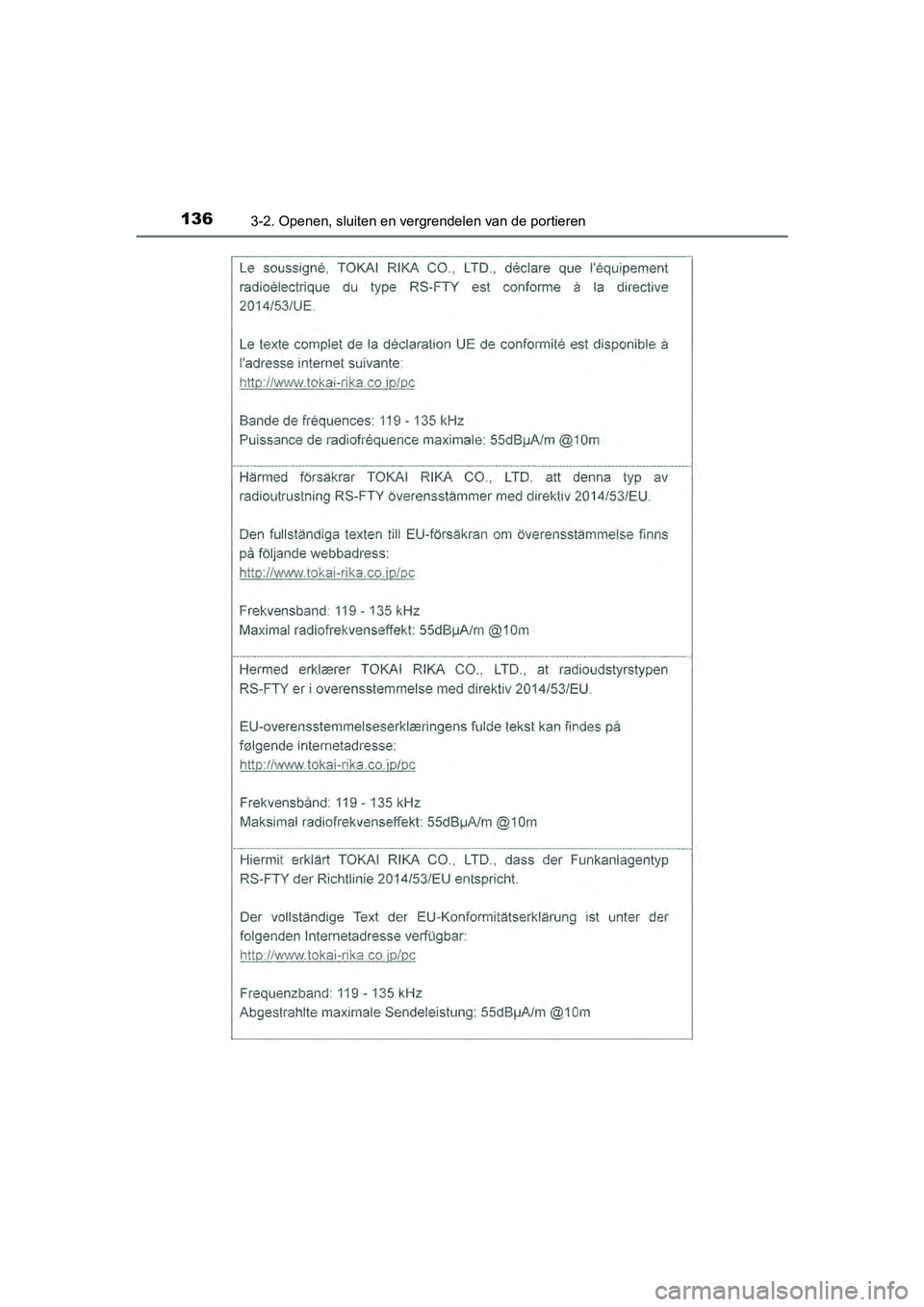 TOYOTA AYGO 2019 Instructieboekje (in Dutch) 1363-2. Openen, sluiten en vergrendelen van de portieren
AYGO_OM_Europe_OM99R19E
AYGO_OM_Europe_OM99R19E.book Page 136 Friday, February 16, 2018 4:26 PM TOYOTA AYGO 2019 Instructieboekje (in Dutch) 1363-2. Openen, sluiten en vergrendelen van de portieren
AYGO_OM_Europe_OM99R19E
AYGO_OM_Europe_OM99R19E.book Page 136 Friday, February 16, 2018 4:26 PM