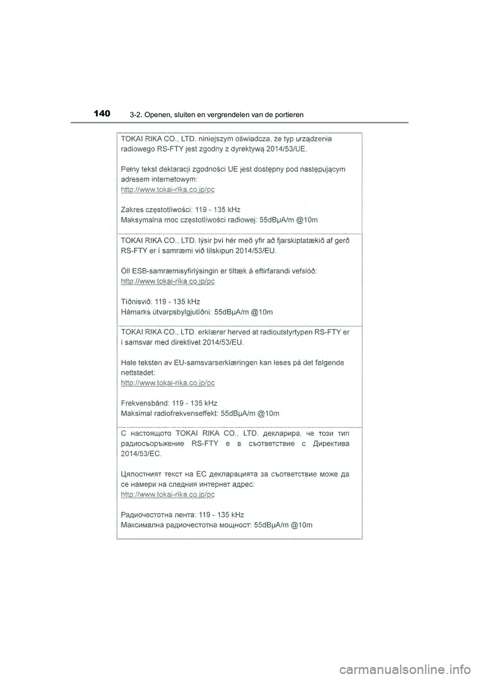TOYOTA AYGO 2019 Instructieboekje (in Dutch) 1403-2. Openen, sluiten en vergrendelen van de portieren
AYGO_OM_Europe_OM99R19E
AYGO_OM_Europe_OM99R19E.book Page 140 Friday, February 16, 2018 4:26 PM TOYOTA AYGO 2019 Instructieboekje (in Dutch) 1403-2. Openen, sluiten en vergrendelen van de portieren
AYGO_OM_Europe_OM99R19E
AYGO_OM_Europe_OM99R19E.book Page 140 Friday, February 16, 2018 4:26 PM