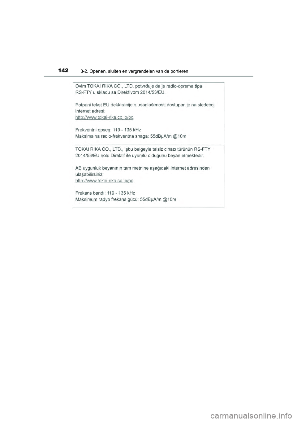 TOYOTA AYGO 2019  Instructieboekje (in Dutch) 1423-2. Openen, sluiten en vergrendelen van de portieren
AYGO_OM_Europe_OM99R19E
AYGO_OM_Europe_OM99R19E.book  Page 142  Friday, February 16, 2018  4:26 PM 
