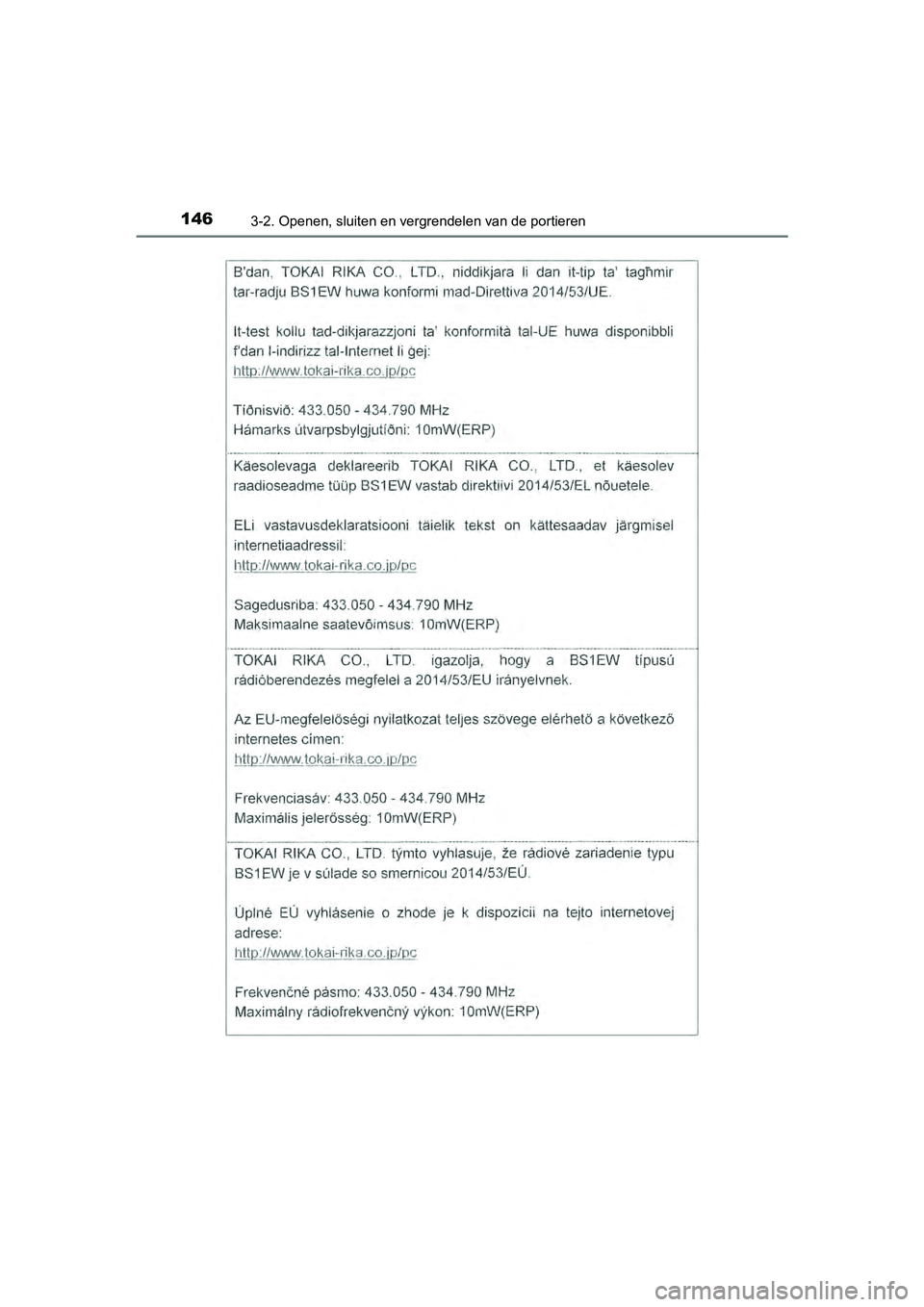 TOYOTA AYGO 2019  Instructieboekje (in Dutch) 1463-2. Openen, sluiten en vergrendelen van de portieren
AYGO_OM_Europe_OM99R19E
AYGO_OM_Europe_OM99R19E.book  Page 146  Friday, February 16, 2018  4:26 PM 