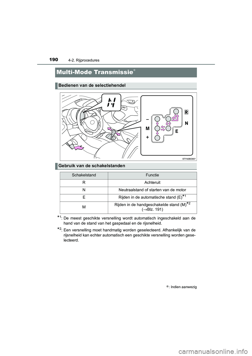 TOYOTA AYGO 2019  Instructieboekje (in Dutch) 1904-2. Rijprocedures
AYGO_OM_Europe_OM99R19E
Multi-Mode Transmissie∗
*1: De  meest  geschikte  versnelling  wordt  automatisch  ingeschakeld aan  de
hand van de stand van het gaspedaal en de rijsne