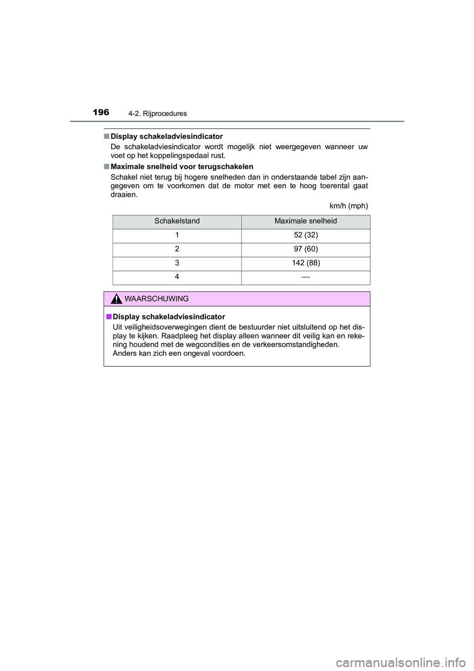 TOYOTA AYGO 2019  Instructieboekje (in Dutch) 1964-2. Rijprocedures
AYGO_OM_Europe_OM99R19E
■Display schakeladviesindicator
De  schakeladviesindicator  wordt  mogelijk  niet  weergegeven  wanne er  uw
voet op het koppelingspedaal rust.
■ Maxi