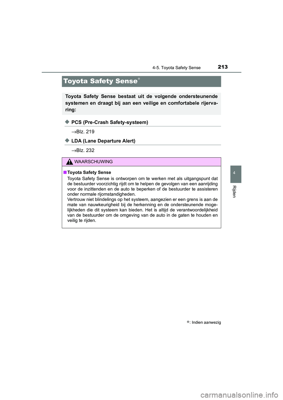 TOYOTA AYGO 2019  Instructieboekje (in Dutch) 213
4
4-5. Toyota Safety Sense
Rijden
AYGO_OM_Europe_OM99R19E
Toyota Safety Sense∗
◆PCS (Pre-Crash Safety-systeem)
→Blz. 219
◆LDA (Lane Departure Alert)
→Blz. 232
∗: Indien aanwezig
Toyota