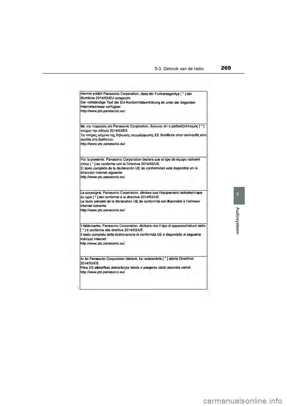 TOYOTA AYGO 2019  Instructieboekje (in Dutch) 2695-3. Gebruik van de radio
5
Audiosysteem
AYGO_OM_Europe_OM99R19E
AYGO_OM_Europe_OM99R19E.book  Page 269  Friday, February 16, 2018  4:26 PM 