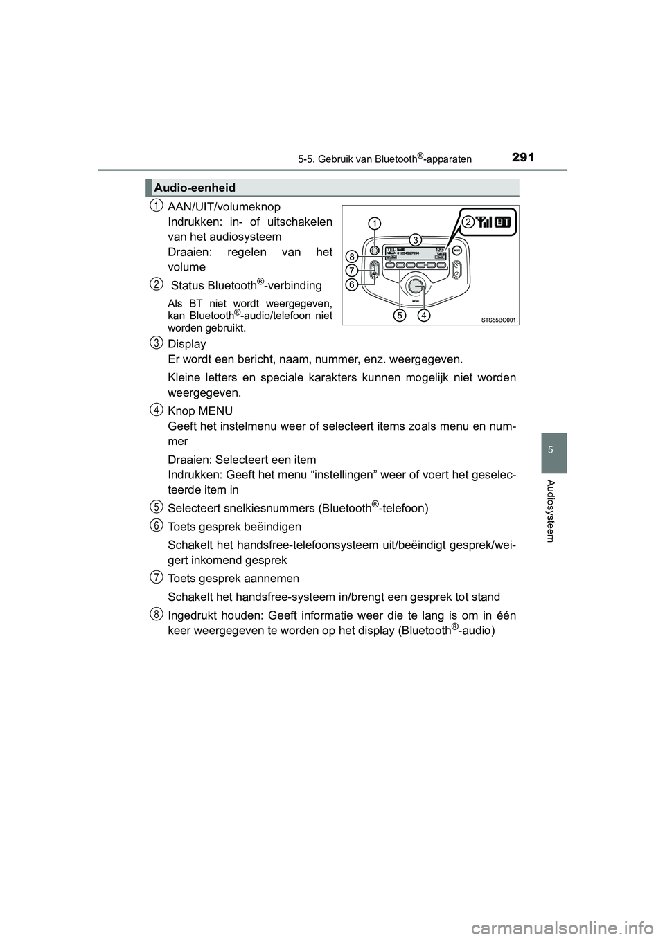 TOYOTA AYGO 2019 Instructieboekje (in Dutch) 2915-5. Gebruik van Bluetooth®-apparaten
5
Audiosysteem
AYGO_OM_Europe_OM99R19E
AAN/UIT/volumeknop
Indrukken: in- of uitschakelen
van het audiosysteem
Draaien: regelen van het
volume
Status Bl TOYOTA AYGO 2019 Instructieboekje (in Dutch) 2915-5. Gebruik van Bluetooth®-apparaten
5
Audiosysteem
AYGO_OM_Europe_OM99R19E
AAN/UIT/volumeknop
Indrukken: in- of uitschakelen
van het audiosysteem
Draaien: regelen van het
volume
Status Bl