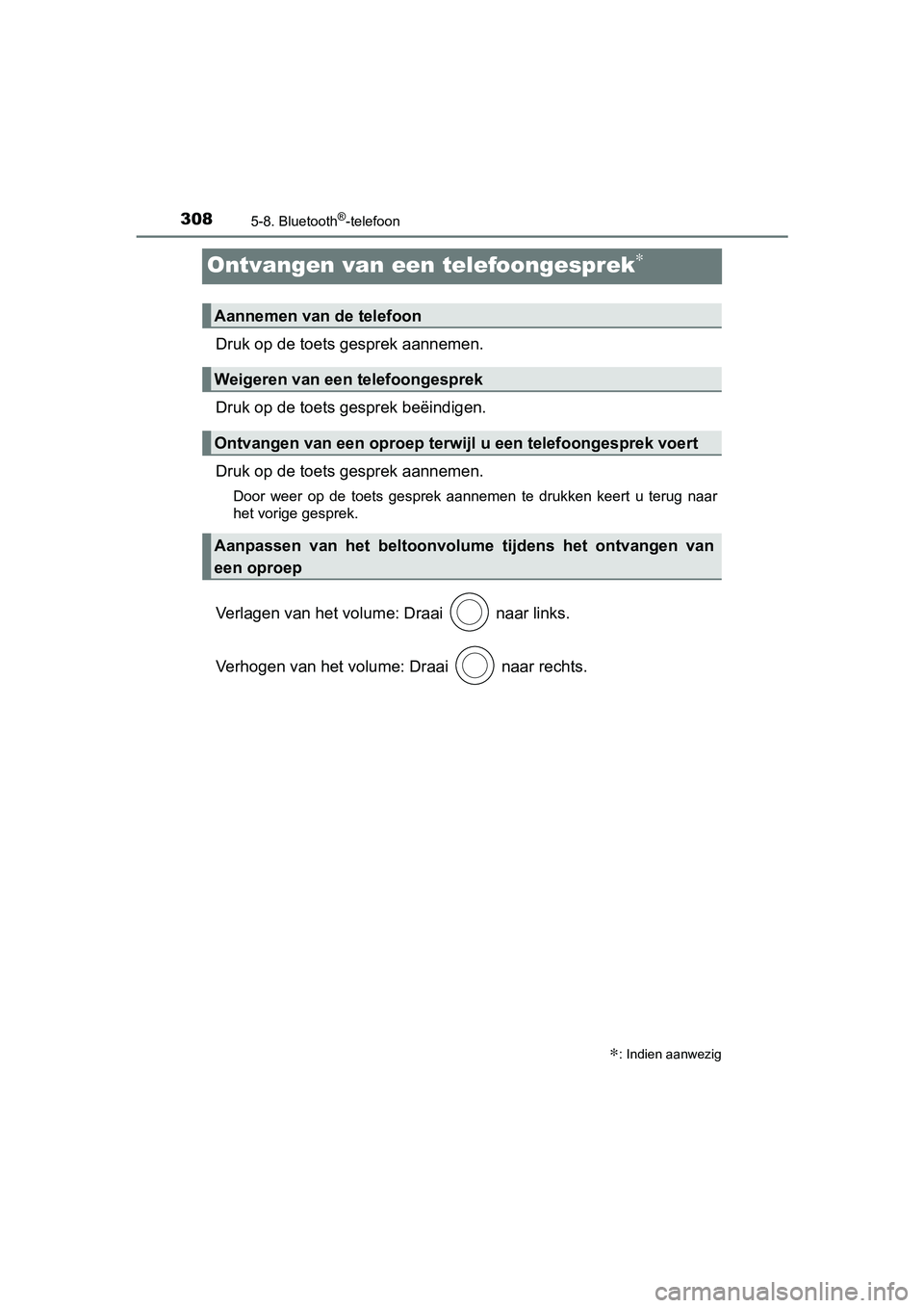 TOYOTA AYGO 2019 Instructieboekje (in Dutch) 3085-8. Bluetooth®-telefoon
AYGO_OM_Europe_OM99R19E
Ontvangen van een telefoongesprek∗
Druk op de toets gesprek aannemen.
Druk op de toets gesprek beëindigen.
Druk op de toets gesprek aannemen.
Do TOYOTA AYGO 2019 Instructieboekje (in Dutch) 3085-8. Bluetooth®-telefoon
AYGO_OM_Europe_OM99R19E
Ontvangen van een telefoongesprek∗
Druk op de toets gesprek aannemen.
Druk op de toets gesprek beëindigen.
Druk op de toets gesprek aannemen.
Do