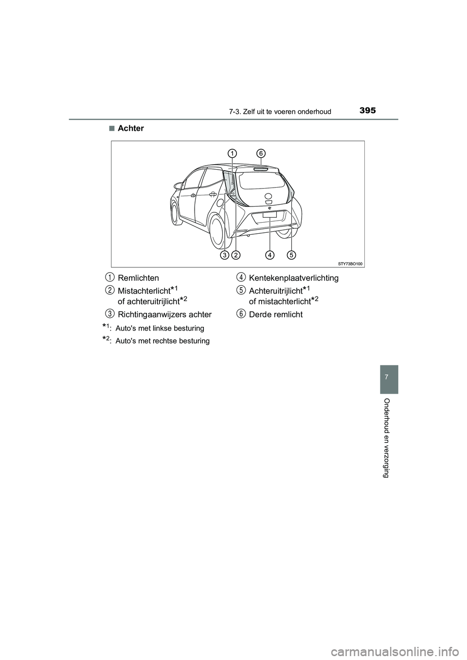 TOYOTA AYGO 2019 Instructieboekje (in Dutch) 3957-3. Zelf uit te voeren onderhoud
7
Onderhoud en verzorging
AYGO_OM_Europe_OM99R19E■
Achter
*1: Auto's met linkse besturing
*2: Auto's met rechtse besturing
Remlichten
Mistachterlicht
*1 TOYOTA AYGO 2019 Instructieboekje (in Dutch) 3957-3. Zelf uit te voeren onderhoud
7
Onderhoud en verzorging
AYGO_OM_Europe_OM99R19E■
Achter
*1: Auto's met linkse besturing
*2: Auto's met rechtse besturing
Remlichten
Mistachterlicht
*1