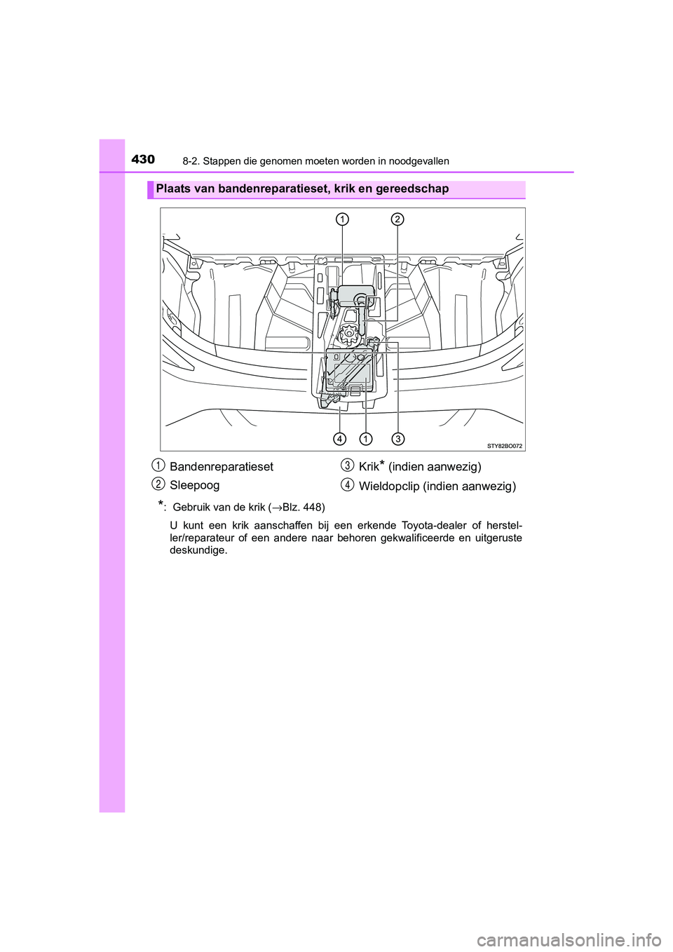 TOYOTA AYGO 2019  Instructieboekje (in Dutch) 4308-2. Stappen die genomen moeten worden in noodgevallen
AYGO_OM_Europe_OM99R19E
*:  Gebruik van de krik (→Blz. 448)
U  kunt  een  krik  aanschaffen  bij  een  erkende  Toyota-dealer  of  he rstel-