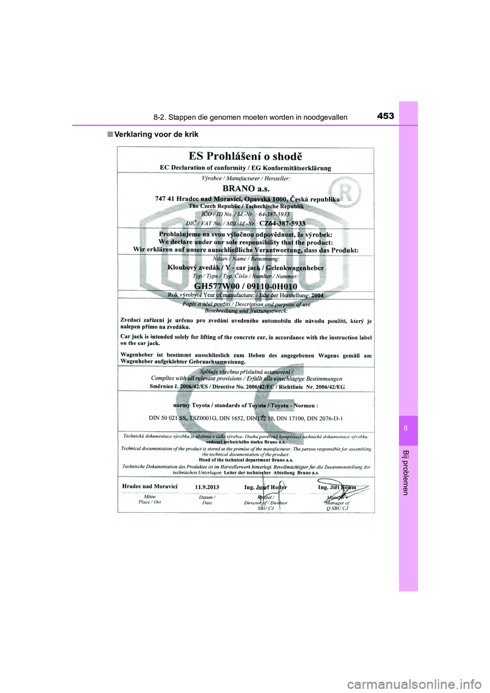 TOYOTA AYGO 2019 Instructieboekje (in Dutch) 4538-2. Stappen die genomen moeten worden in noodgevallen
8
Bij problemen
AYGO_OM_Europe_OM99R19E■
Verklaring voor de krik
AYGO_OM_Europe_OM99R19E.book Page 453 Friday, February 16, 20 18 4:26 PM TOYOTA AYGO 2019 Instructieboekje (in Dutch) 4538-2. Stappen die genomen moeten worden in noodgevallen
8
Bij problemen
AYGO_OM_Europe_OM99R19E■
Verklaring voor de krik
AYGO_OM_Europe_OM99R19E.book Page 453 Friday, February 16, 20 18 4:26 PM
