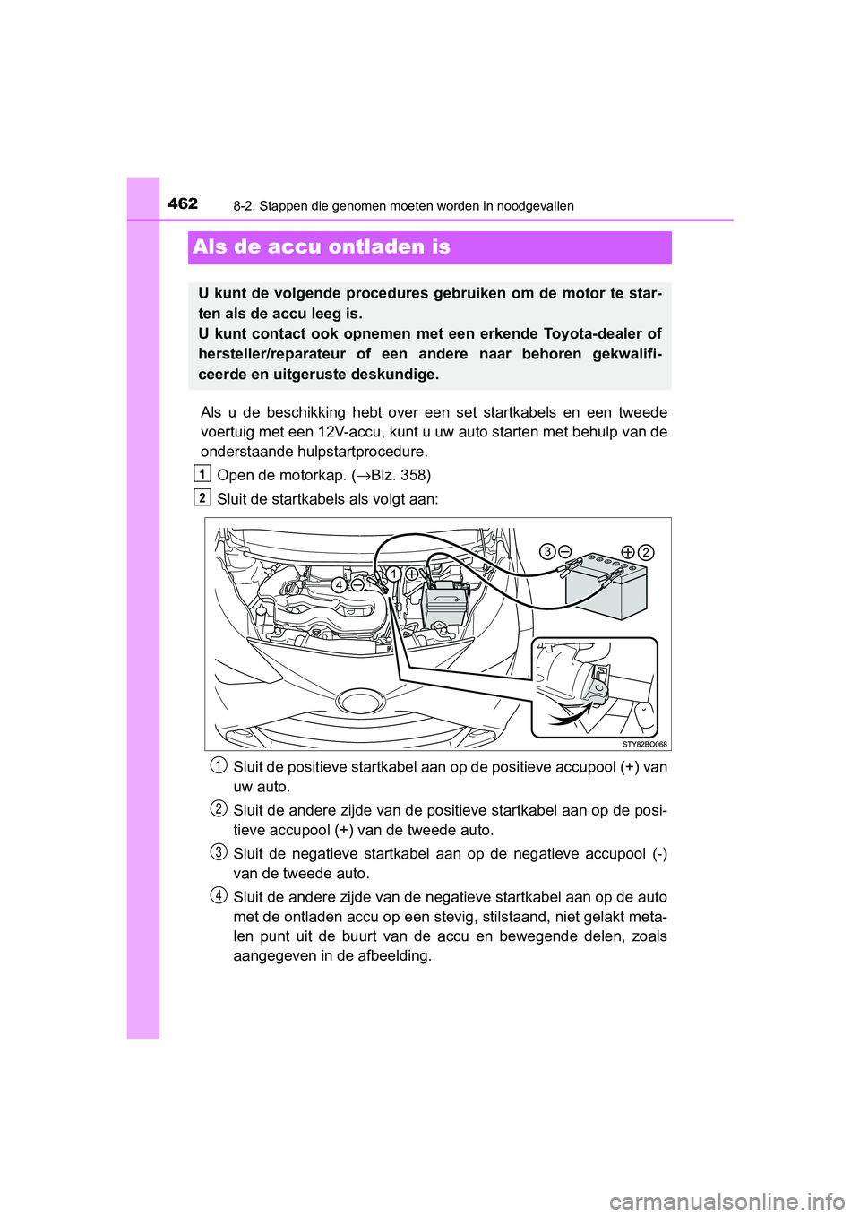 TOYOTA AYGO 2019  Instructieboekje (in Dutch) 4628-2. Stappen die genomen moeten worden in noodgevallen
AYGO_OM_Europe_OM99R19E
Als de accu ontladen is
Als  u  de  beschikking  hebt  over  een  set  startkabels  en  een  tweed e
voertuig met een 