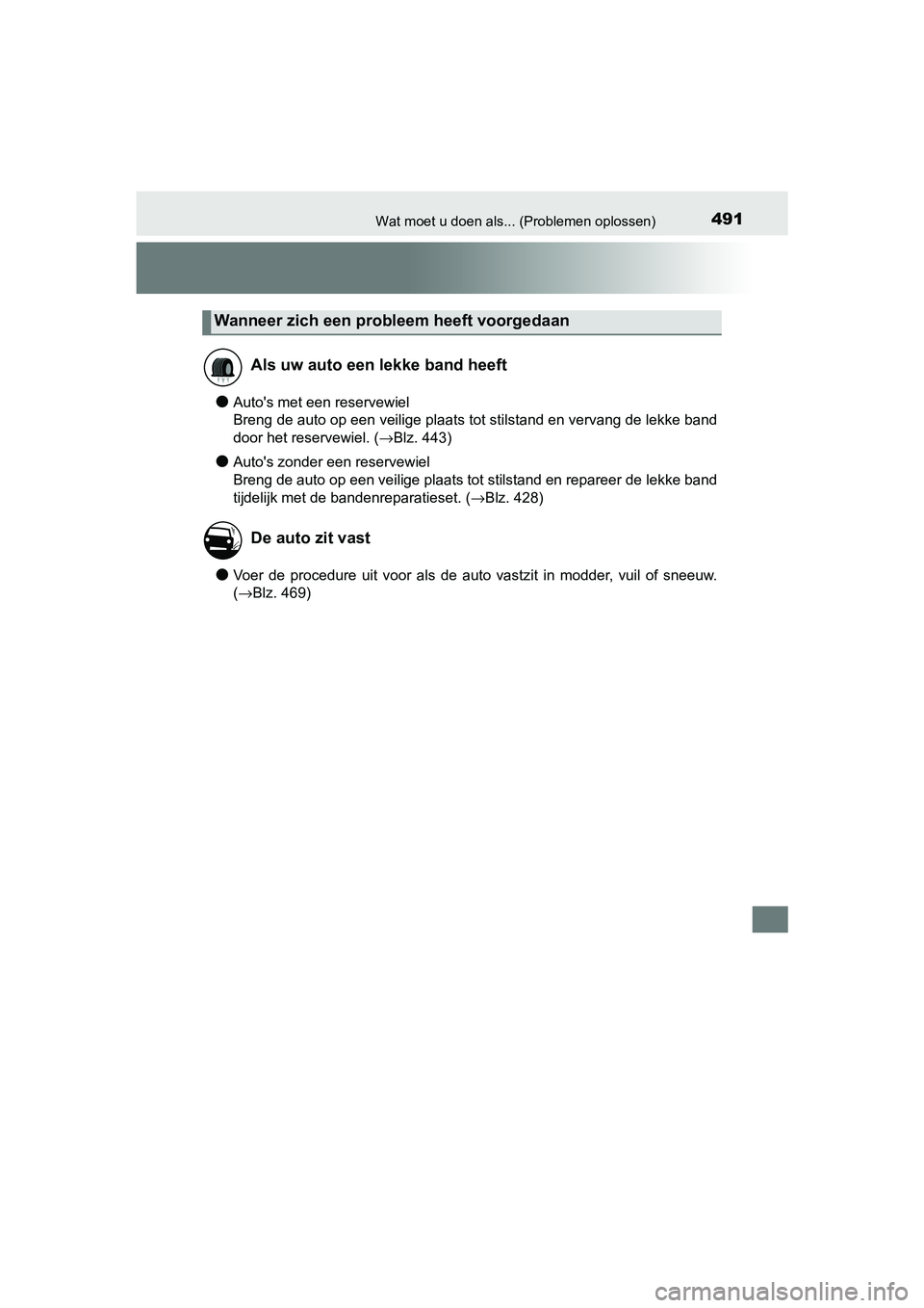TOYOTA AYGO 2019 Instructieboekje (in Dutch) 491Wat moet u doen als... (Problemen oplossen)
AYGO_OM_Europe_OM99R19E
●Auto's met een reservewiel
Breng de auto op een veilige plaats tot stilstand en vervang de lekke band
door het reservewie TOYOTA AYGO 2019 Instructieboekje (in Dutch) 491Wat moet u doen als... (Problemen oplossen)
AYGO_OM_Europe_OM99R19E
●Auto's met een reservewiel
Breng de auto op een veilige plaats tot stilstand en vervang de lekke band
door het reservewie