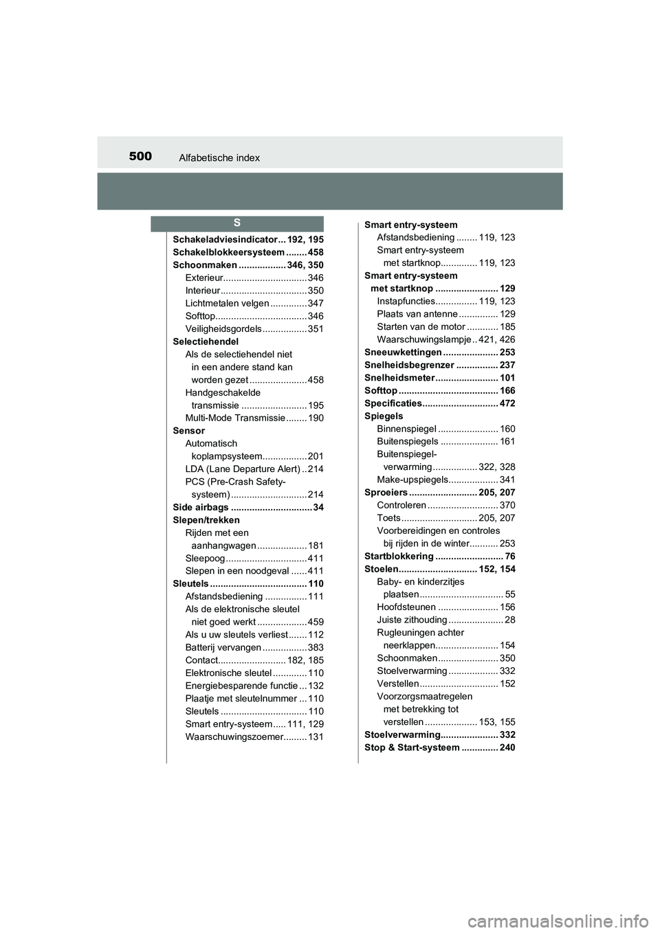 TOYOTA AYGO 2019 Instructieboekje (in Dutch) 500Alfabetische index
AYGO_OM_Europe_OM99R19E
Schakeladviesindicator ... 192, 195
Schakelblokkeersysteem ........ 458
Schoonmaken .................. 346, 350Exterieur................................ 3 TOYOTA AYGO 2019 Instructieboekje (in Dutch) 500Alfabetische index
AYGO_OM_Europe_OM99R19E
Schakeladviesindicator ... 192, 195
Schakelblokkeersysteem ........ 458
Schoonmaken .................. 346, 350Exterieur................................ 3