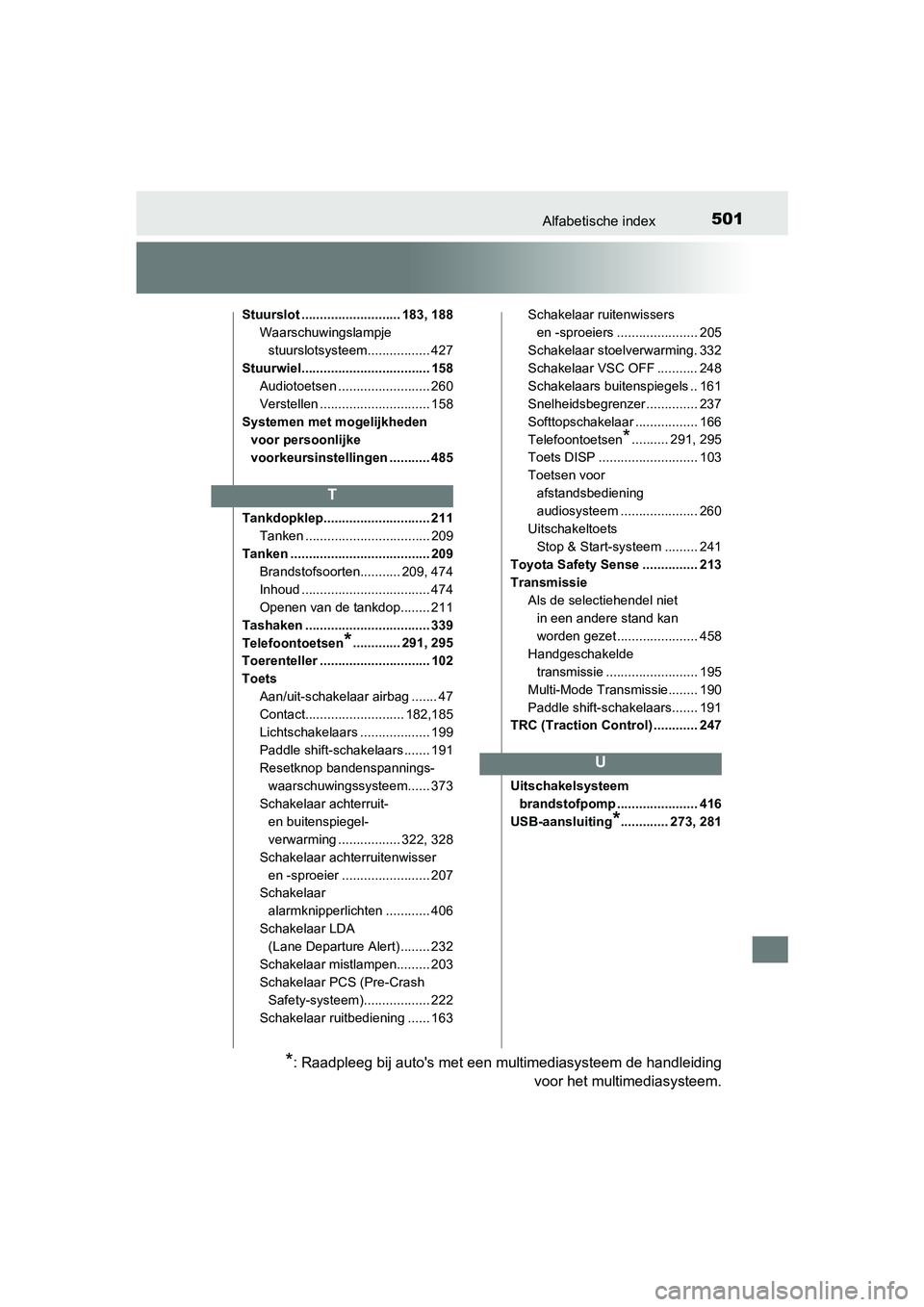TOYOTA AYGO 2019  Instructieboekje (in Dutch) 501Alfabetische index
AYGO_OM_Europe_OM99R19E
Stuurslot ........................... 183, 188Waarschuwingslampje 
stuurslotsysteem.. ............... 427
Stuurwiel................................... 158