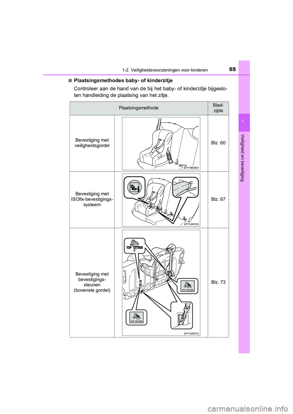 TOYOTA AYGO 2019  Instructieboekje (in Dutch) 551-2. Veiligheidsvoorzieningen voor kinderen
1
Veiligheid en beveiliging
AYGO_OM_Europe_OM99R19E■
Plaatsingsmethodes ba
by- of kinderzitje
Controleer aan de hand van de bij het baby- of kinderzitje