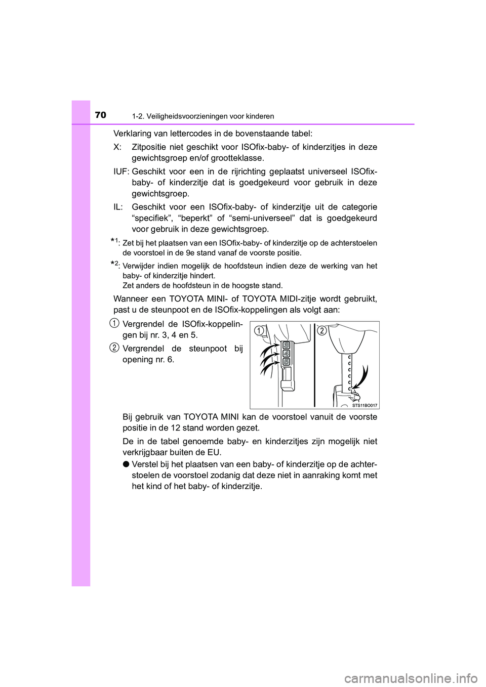 TOYOTA AYGO 2019  Instructieboekje (in Dutch) 701-2. Veiligheidsvoorzieningen voor kinderen
AYGO_OM_Europe_OM99R19E
Verklaring van lettercodes in de bovenstaande tabel:
X: Zitpositie  niet  geschikt  voor  ISOfix-baby-  of  kinderzitjes  in  deze