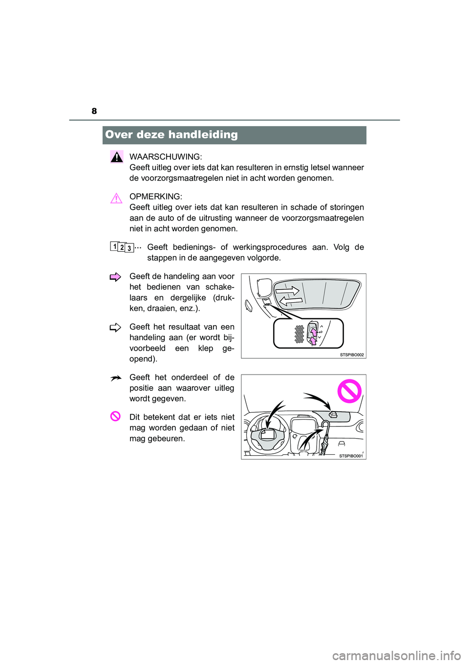 TOYOTA AYGO 2019  Instructieboekje (in Dutch) 8
AYGO_OM_Europe_OM99R19E
Over deze handleiding
WAARSCHUWING: 
Geeft uitleg over iets dat kan resulteren in ernstig letsel wanneer
de voorzorgsmaatregelen niet in acht worden genomen.
OPMERKING: 
Geef