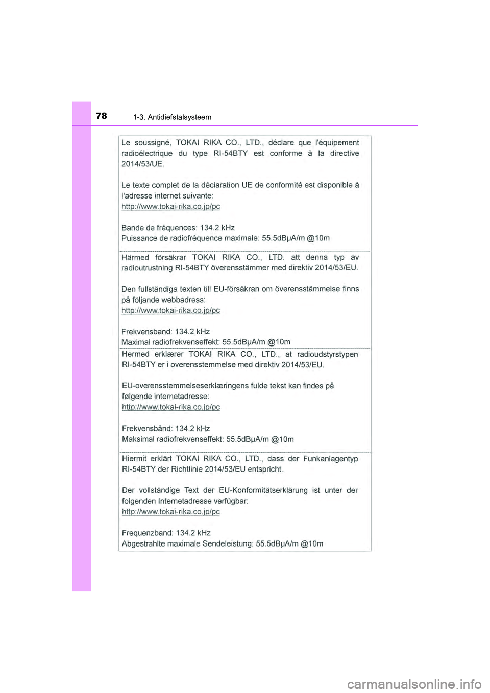 TOYOTA AYGO 2019  Instructieboekje (in Dutch) 781-3. Antidiefstalsysteem
AYGO_OM_Europe_OM99R19E
AYGO_OM_Europe_OM99R19E.book  Page 78  Friday, February 16, 2018  4:26 PM 