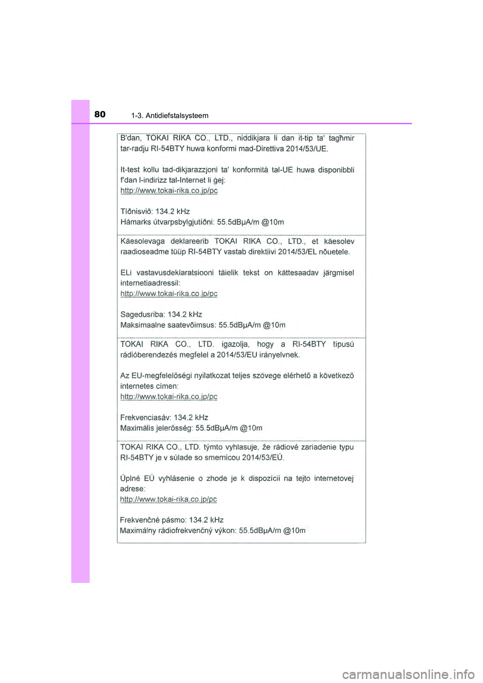 TOYOTA AYGO 2019  Instructieboekje (in Dutch) 801-3. Antidiefstalsysteem
AYGO_OM_Europe_OM99R19E
AYGO_OM_Europe_OM99R19E.book  Page 80  Friday, February 16, 2018  4:26 PM 