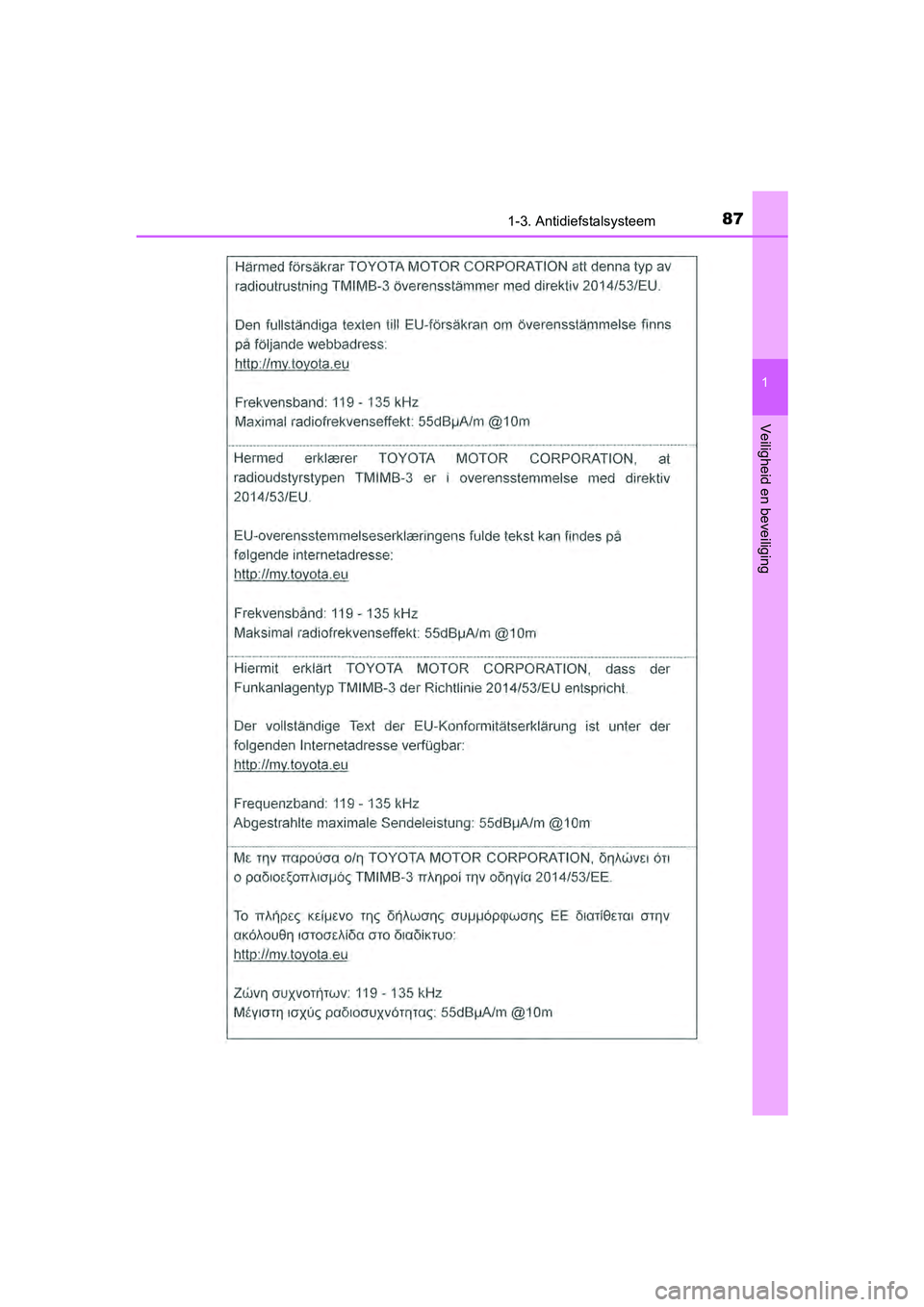 TOYOTA AYGO 2019  Instructieboekje (in Dutch) 871-3. Antidiefstalsysteem
1
Veiligheid en beveiliging
AYGO_OM_Europe_OM99R19E
AYGO_OM_Europe_OM99R19E.book  Page 87  Friday, February 16, 2018  4:26 PM 