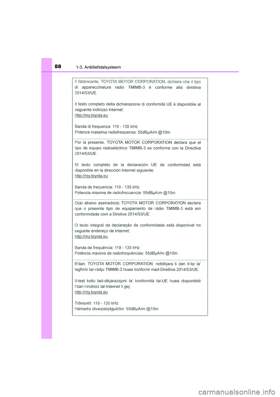TOYOTA AYGO 2019  Instructieboekje (in Dutch) 881-3. Antidiefstalsysteem
AYGO_OM_Europe_OM99R19E
AYGO_OM_Europe_OM99R19E.book  Page 88  Friday, February 16, 2018  4:26 PM 